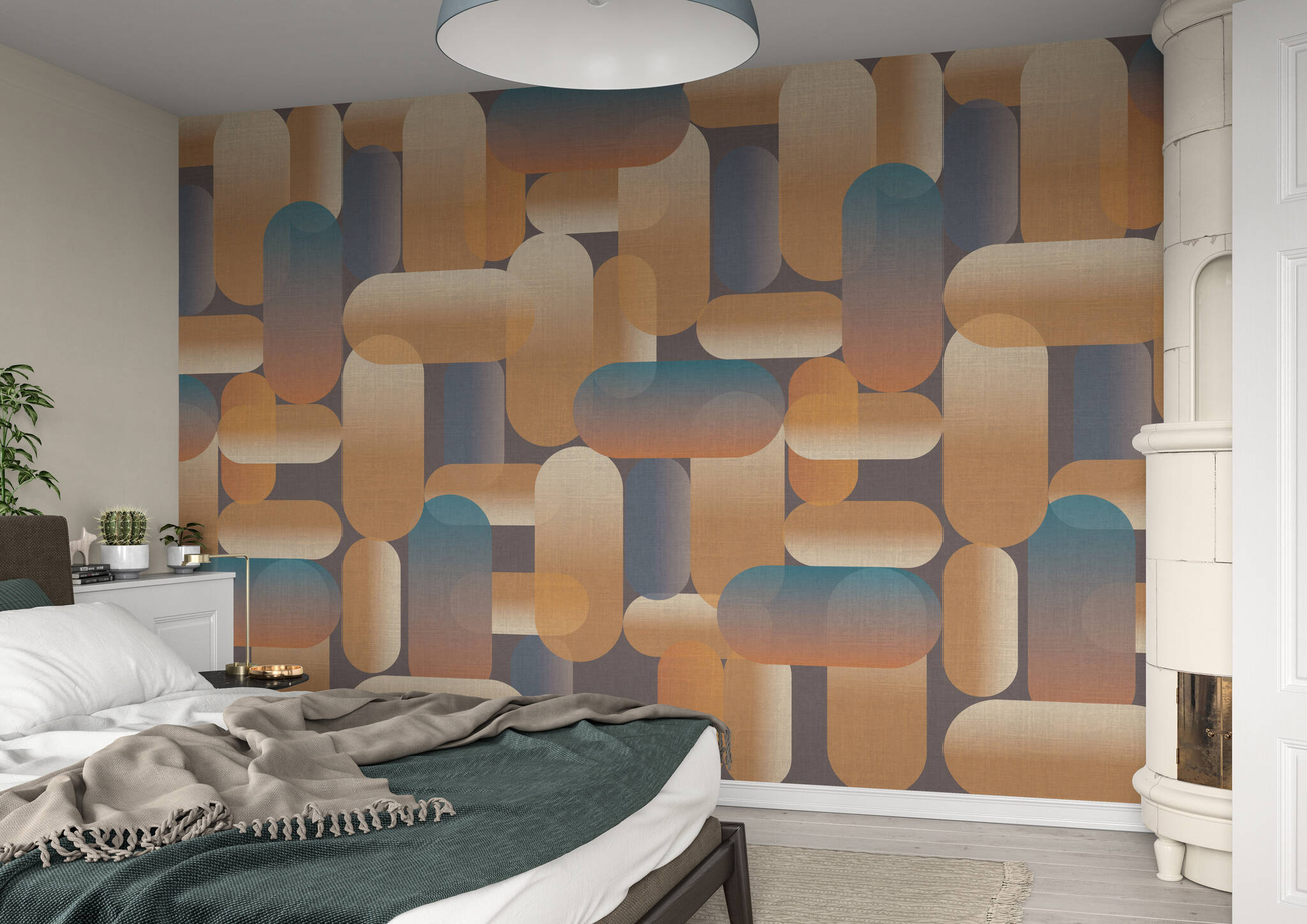 Schlafzimmer mit Wandbild - Anleihen aus den 70ern prägen dieses Oval-Muster in eleganten Messing- und Blau-Tönen