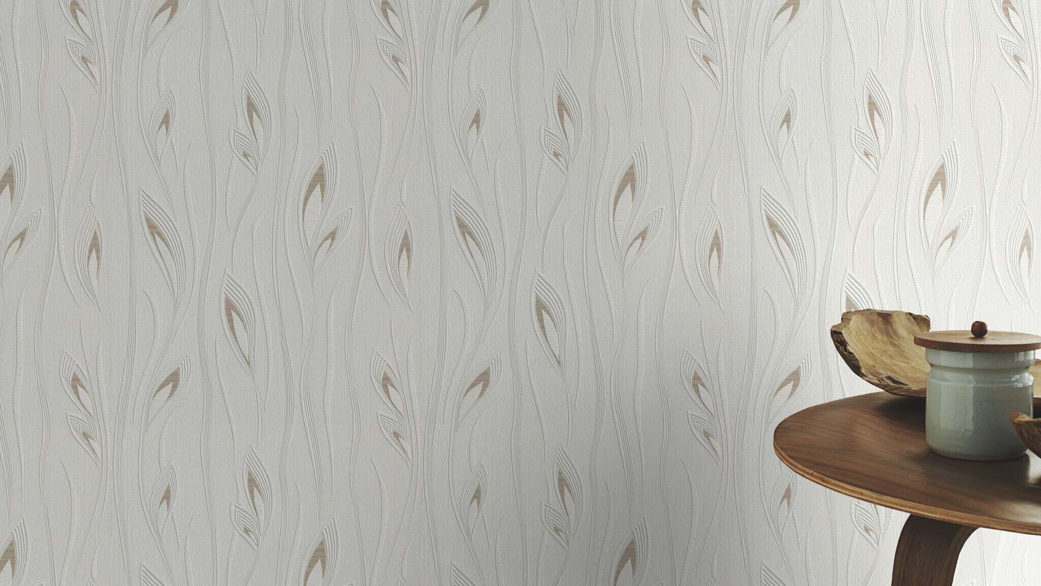 10-788501 Raumsituationen 2 Room with Wallpaper with abstract, three-dimensional leaves and organic tendrils