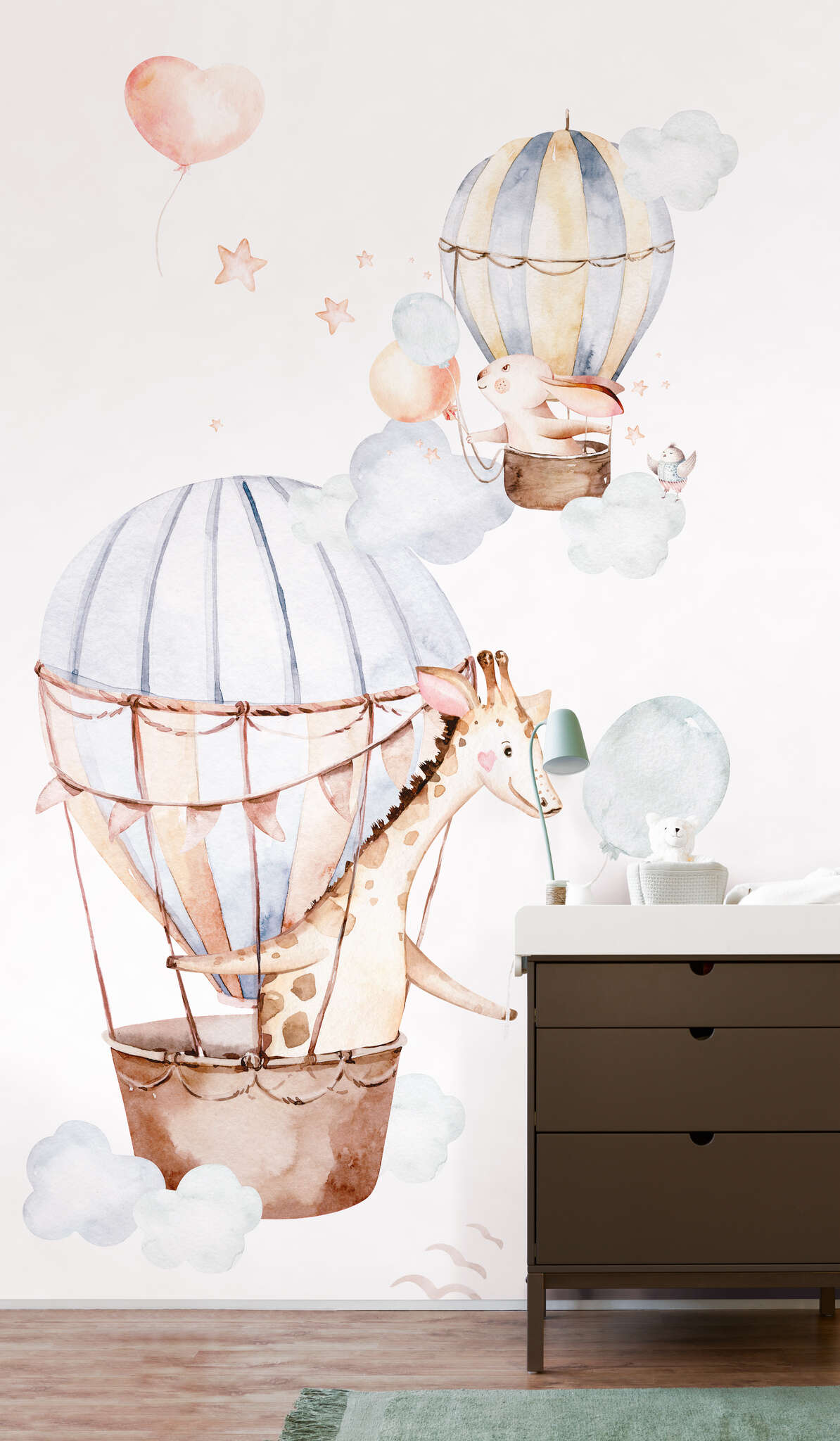 10-364934 Raumbilder 1 Giraffe & rabbit wall mural in blue & brown - Kids World 364934