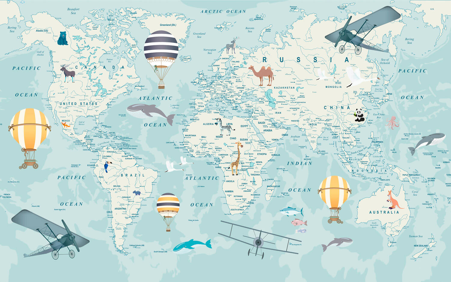 Wandbild - Detailreiche Kinderzimmer-Tapete der Weltkarte mit landestypischen Tieren und einigen historischen Fluggeräten