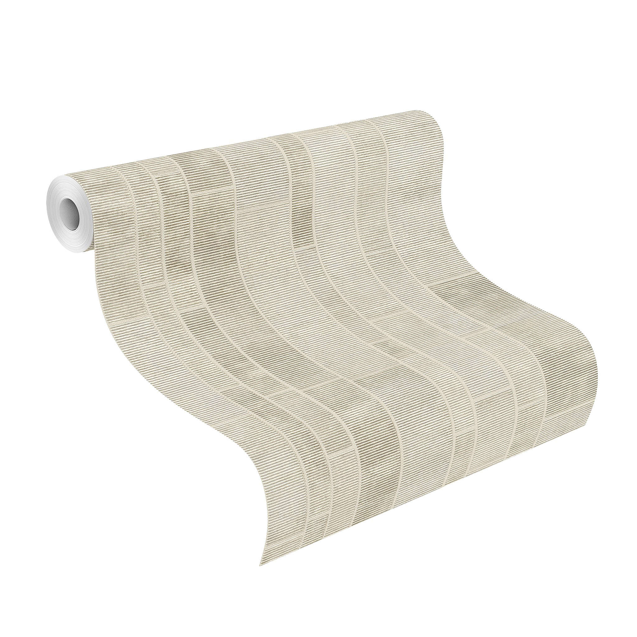 10-428209 Rolle abgerollt 1 Unrolled wallpaper roll with Non-woven wallpaper with rectangular tile pattern in various beige tones with concrete texture.