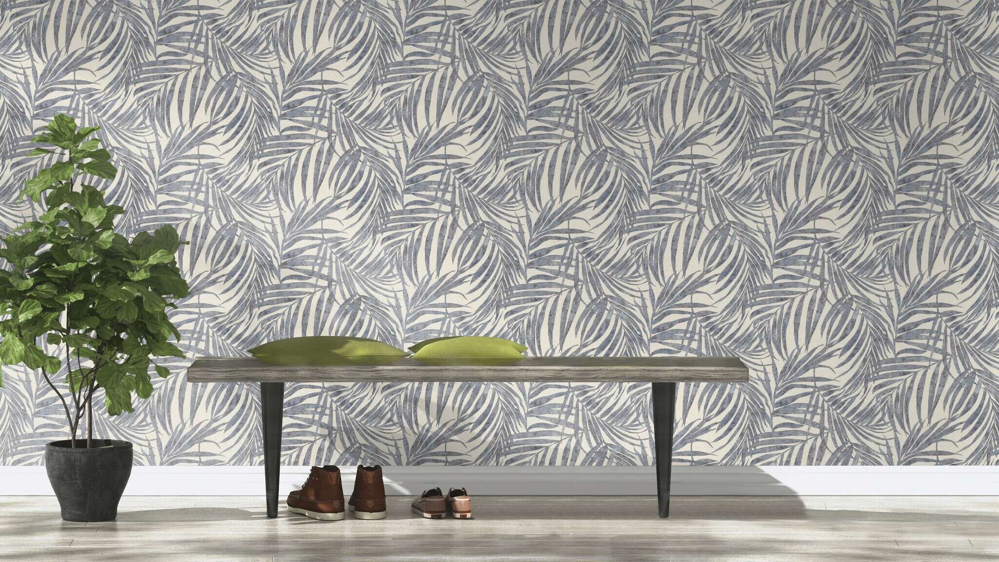 10-617429 Raumsituationen 3 Palm leaves non-woven wallpaper in blue-demin Indigo Selection 617429
