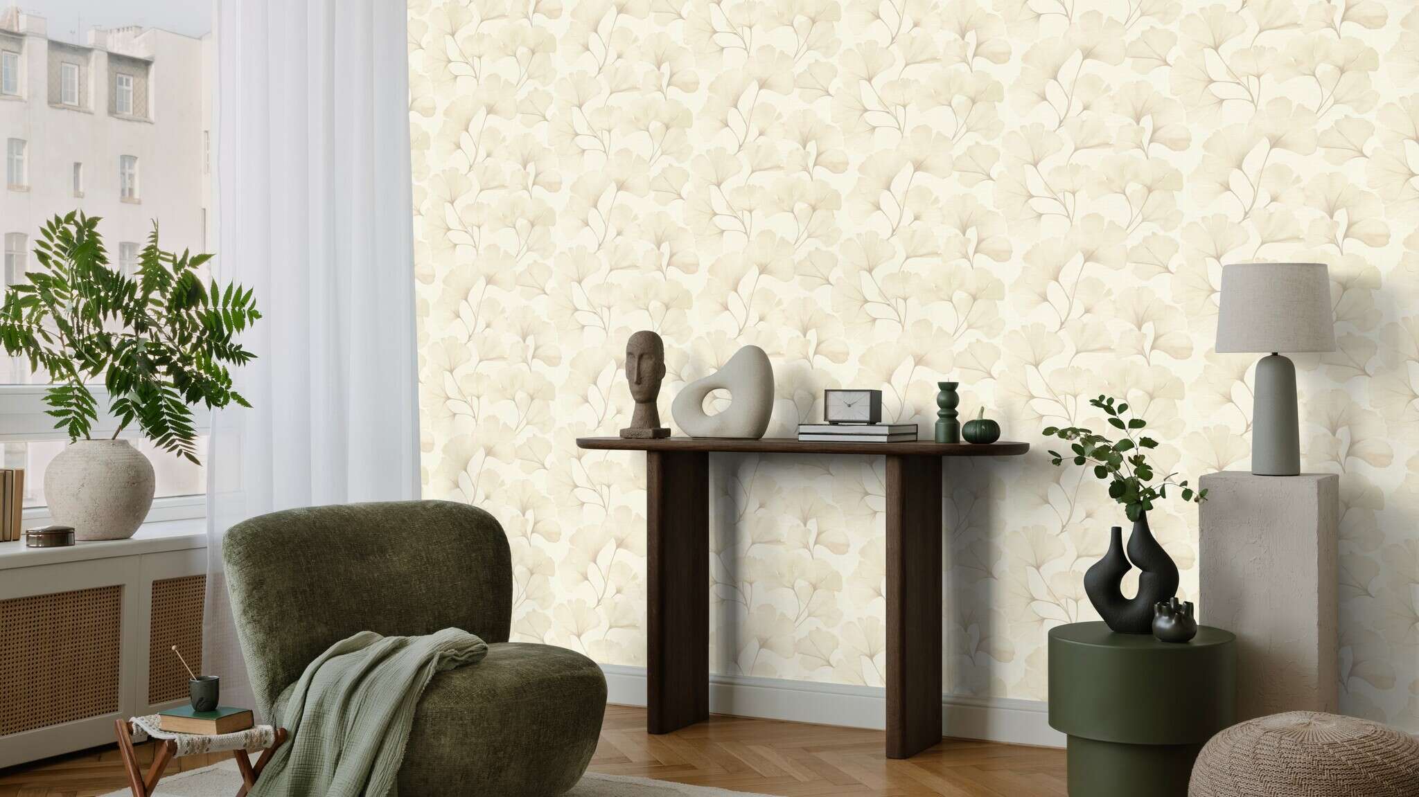 10-795646 Raumsituationen 4 Ginkgoblätter Vliestapete in Beige #followusaround 795646