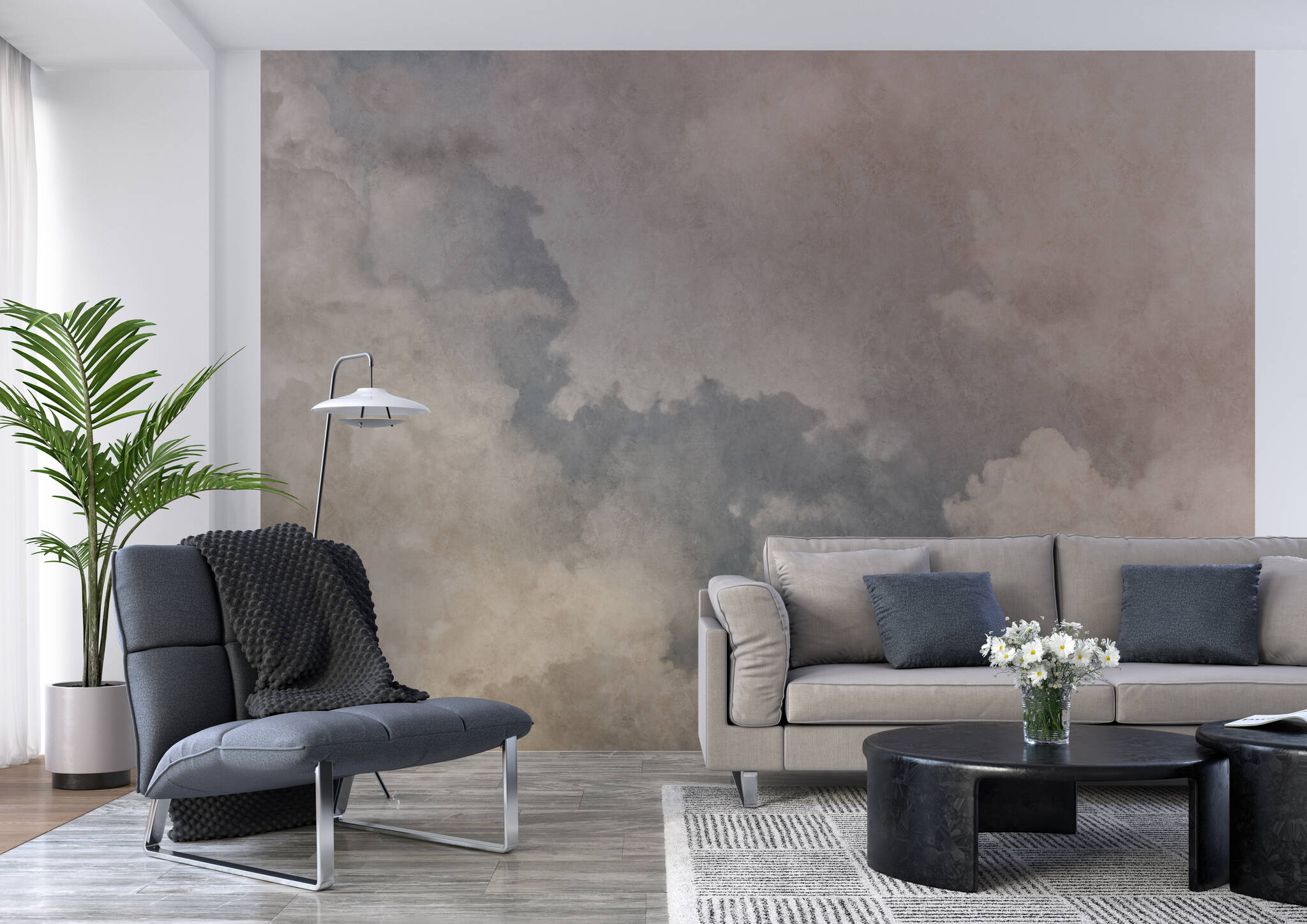 Wohnzimmer mit Fototapete - Graues Wolkenbild mit changierenden Effekten in raumfüllendem Zoom