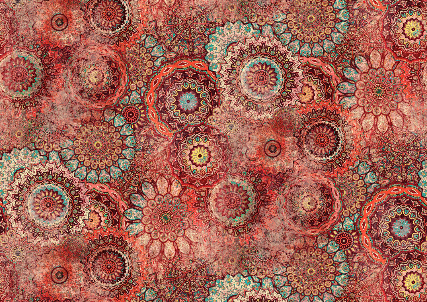 Wandbild - Prallvolle Mandala-Sammlung in Korallrot, Hellblau und Bordeaux mit wash-out-Effekten
