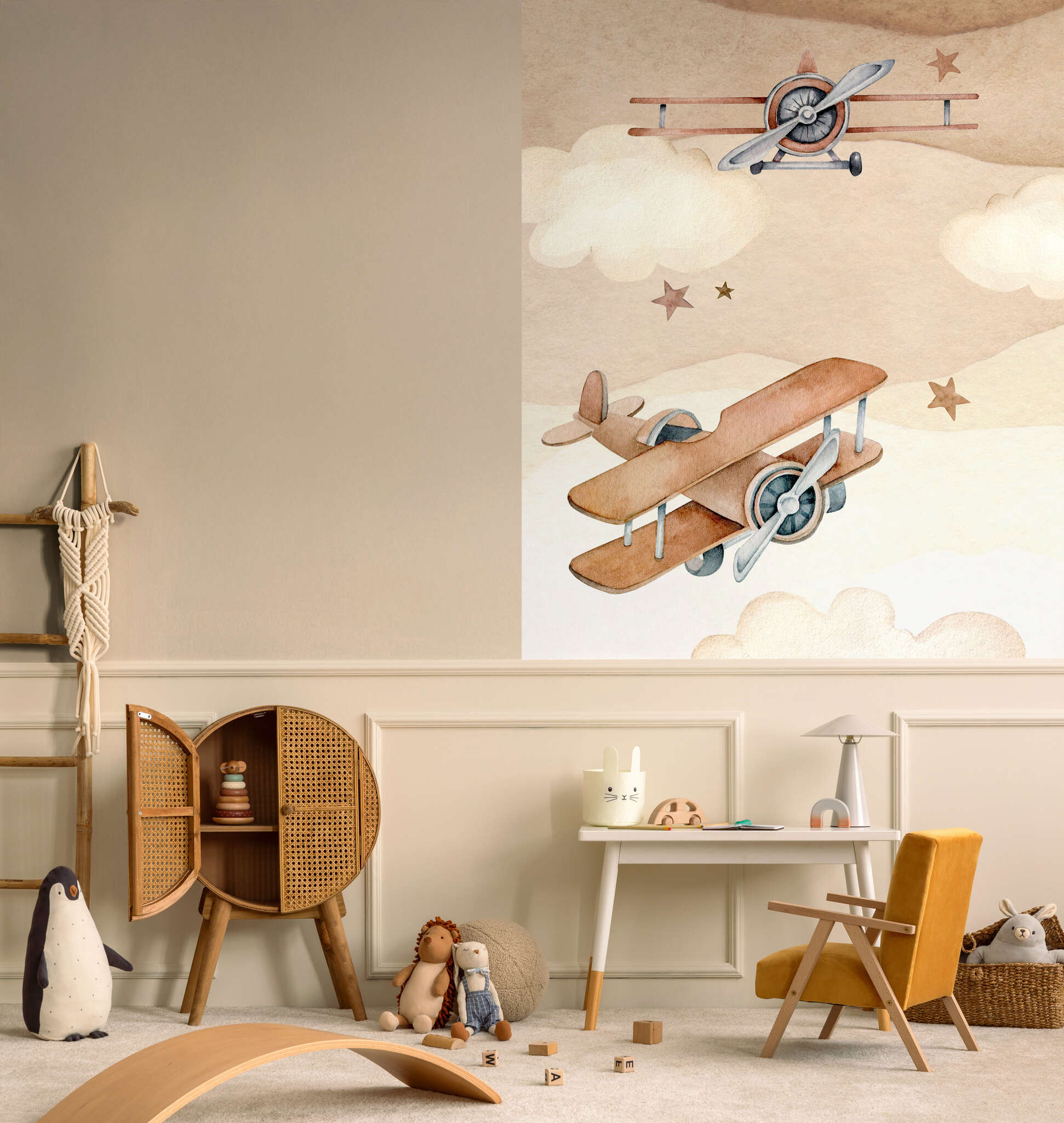 10-367966 Raumbilder 1 Fototapete Kinderzimmer mit Flugzeugen in Braun - Kids World II 367966