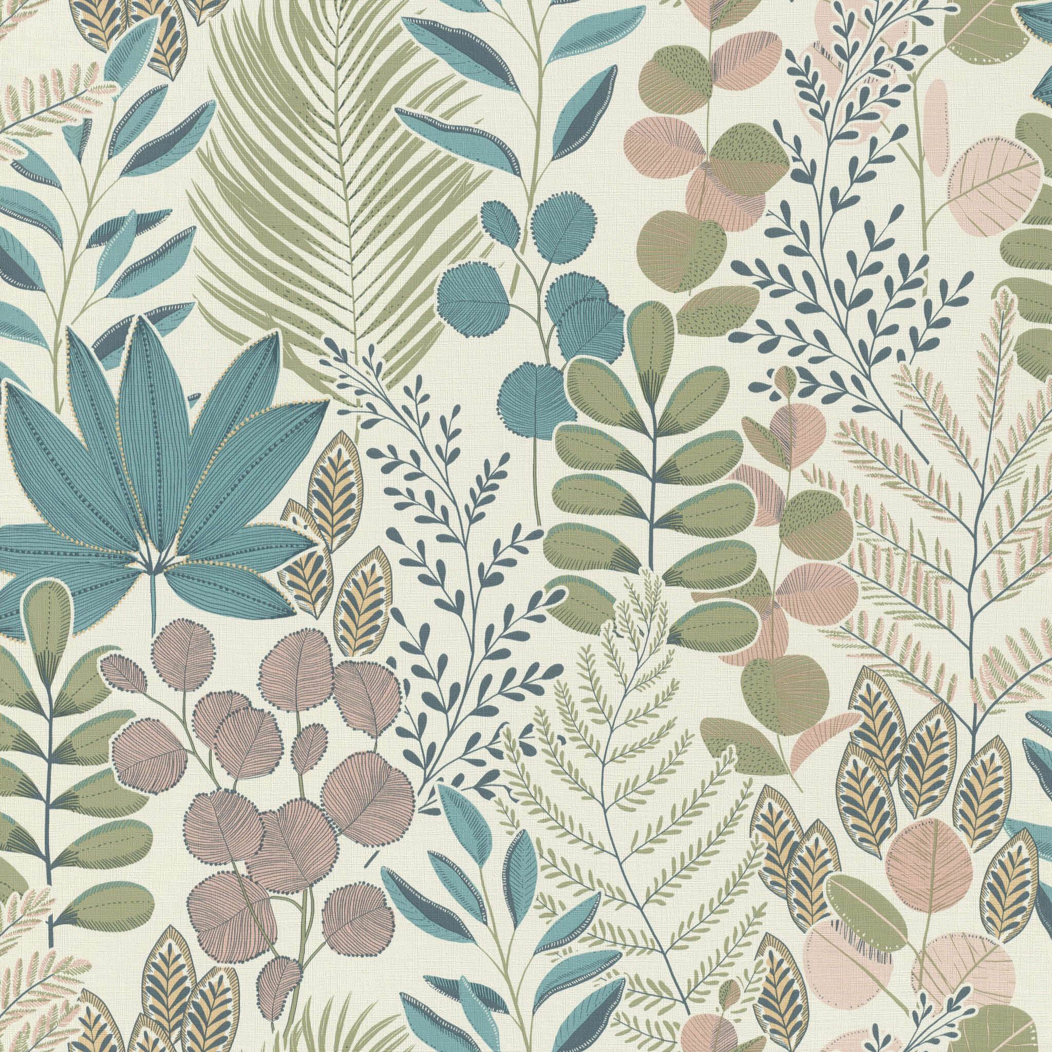10-465310 Artikelscan 1 Floral-style illustration with delicate leaves in green, blue, mauve and pink – charming, playful and stylish.