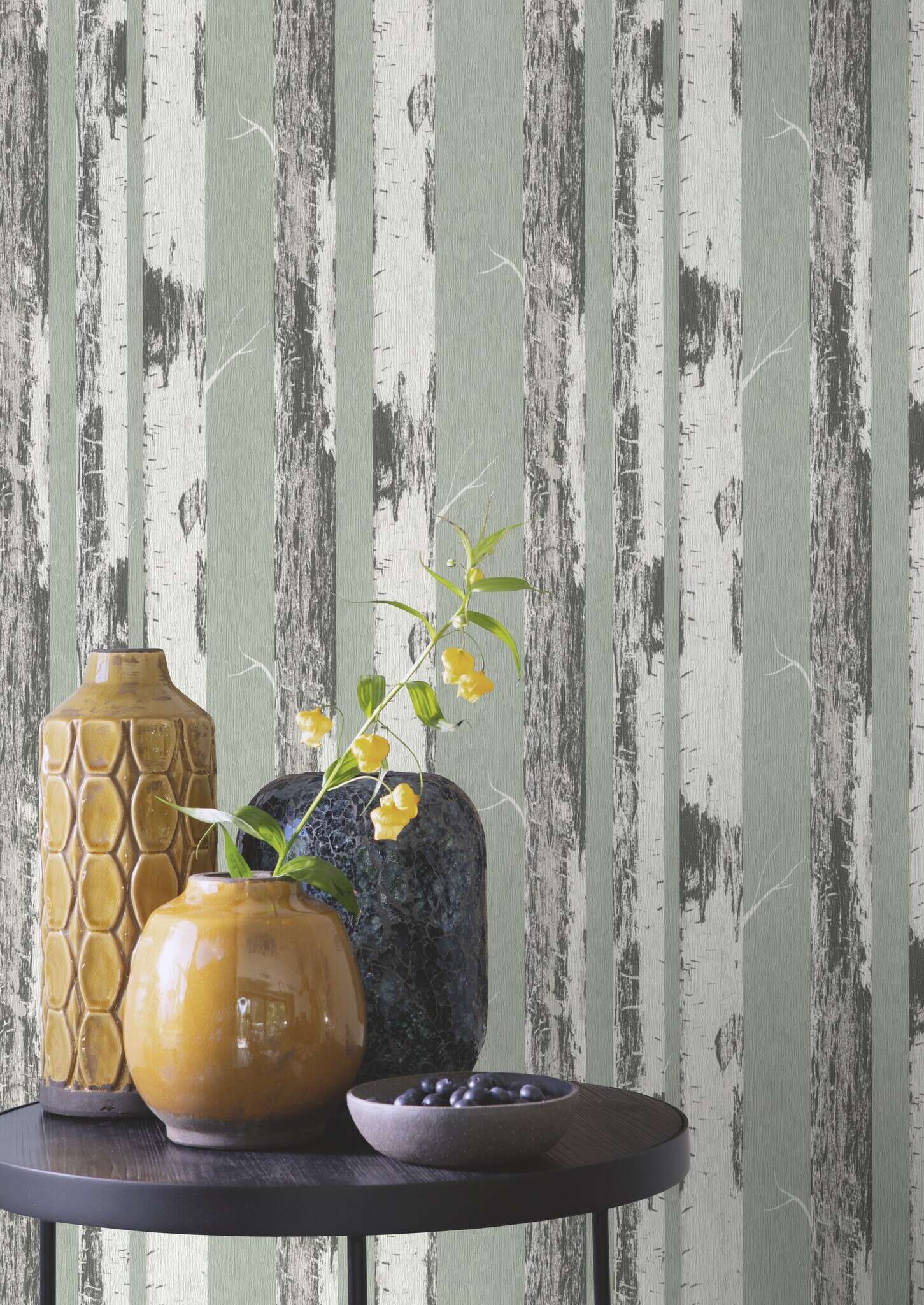 10-285413 Raumsituationen 6 Room with Wallpaper with vertical birch trunks in white and grey on a sage green background for a natural interior design