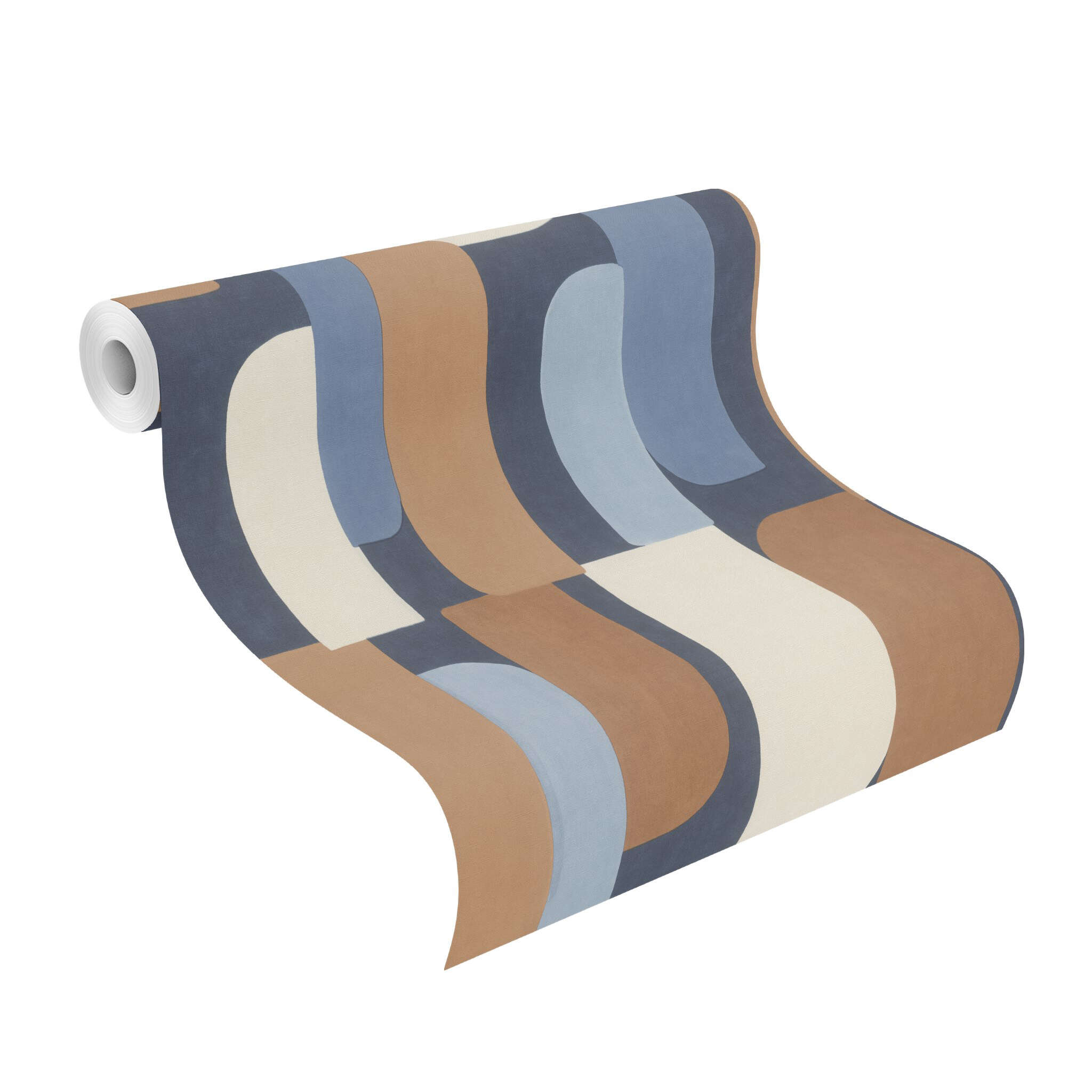 10-330519 Rolle abgerollt 1 Rollenabbildung mit Wandtapete mit großflächigem Muster in Blau-, Beige- und Cognactönen – lebendig und grafisch.