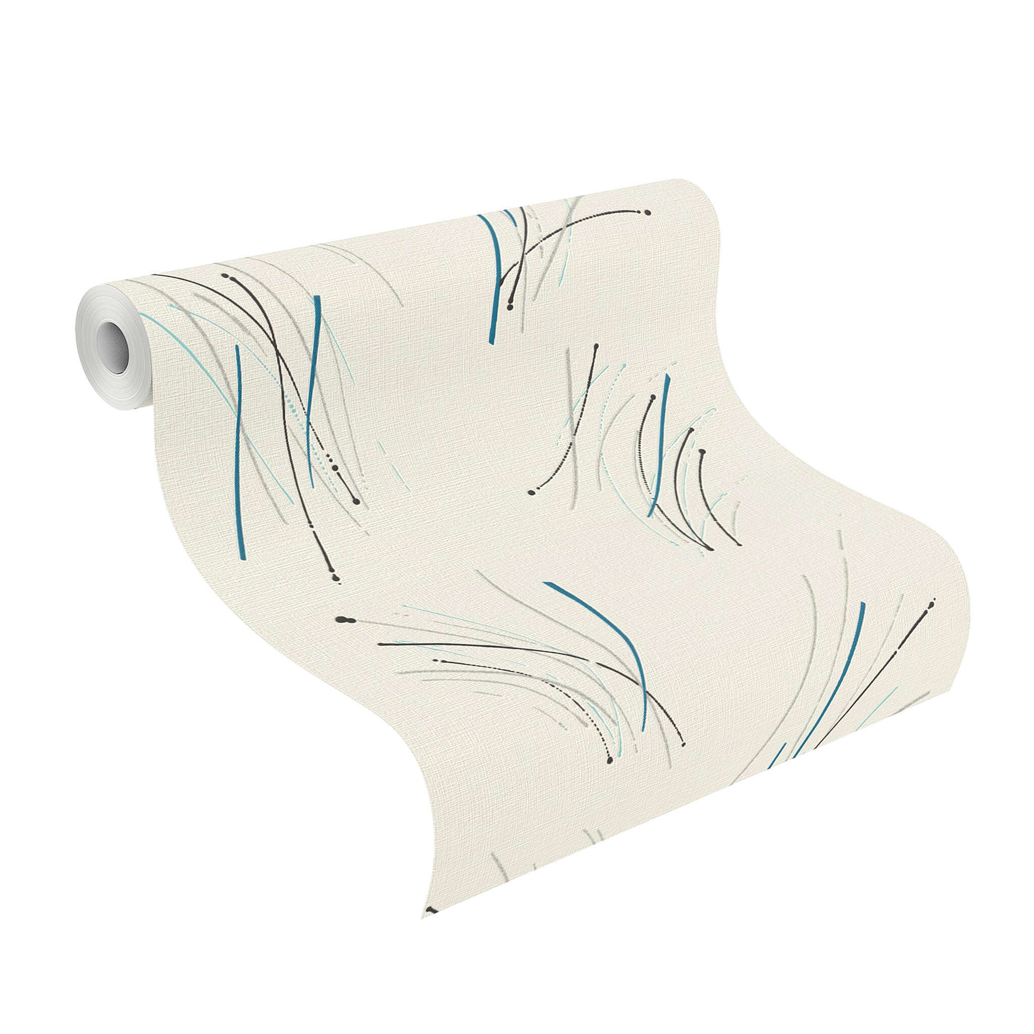 10-735024 Rolle abgerollt 1 Unrolled wallpaper roll with Wallpaper with curved lines and textile texture