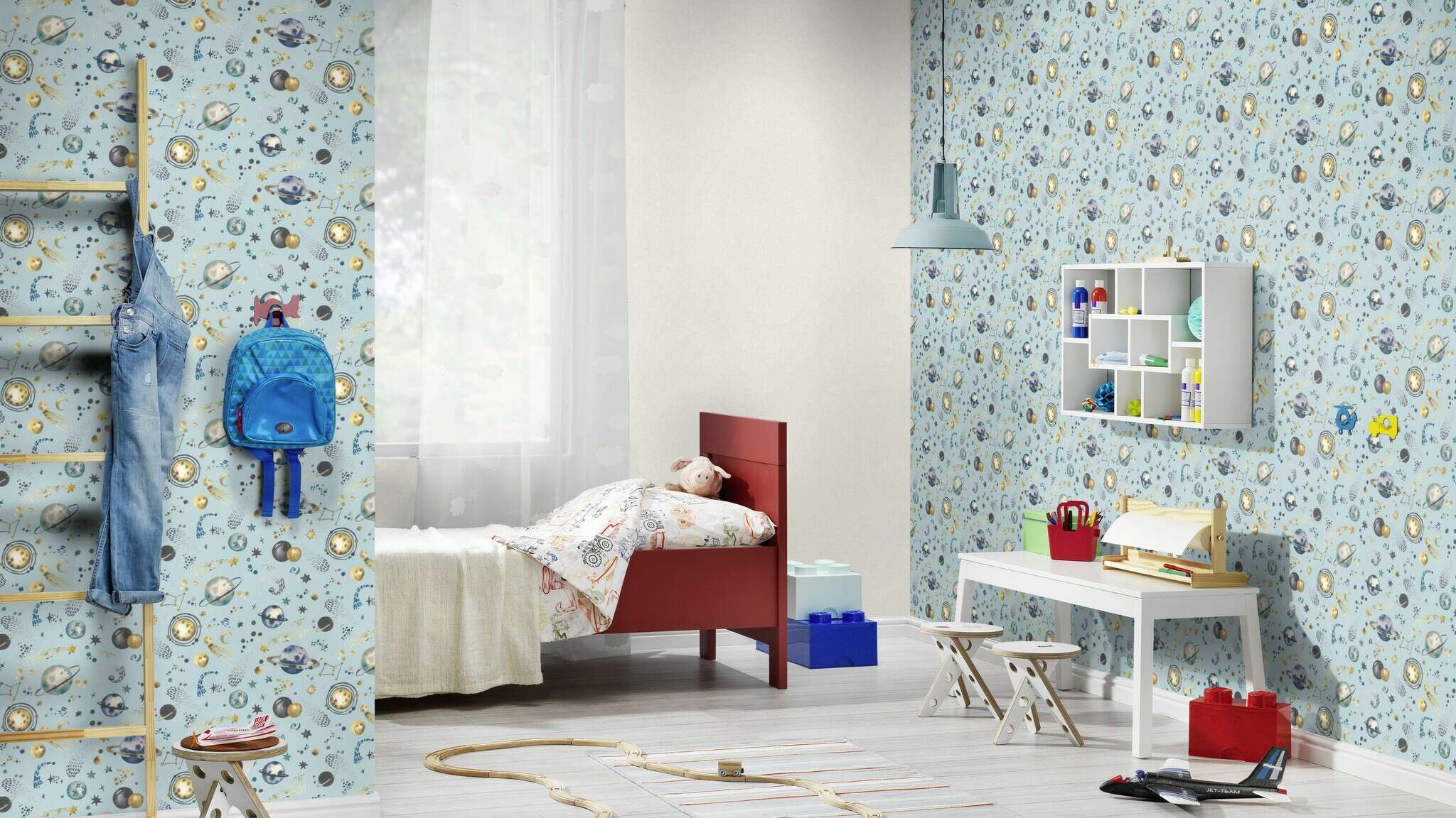 10-300949 Raumsituationen 4 Room with Wallpaper with solar system motifs, stars and planets in gold, blue and grey on a light blue background