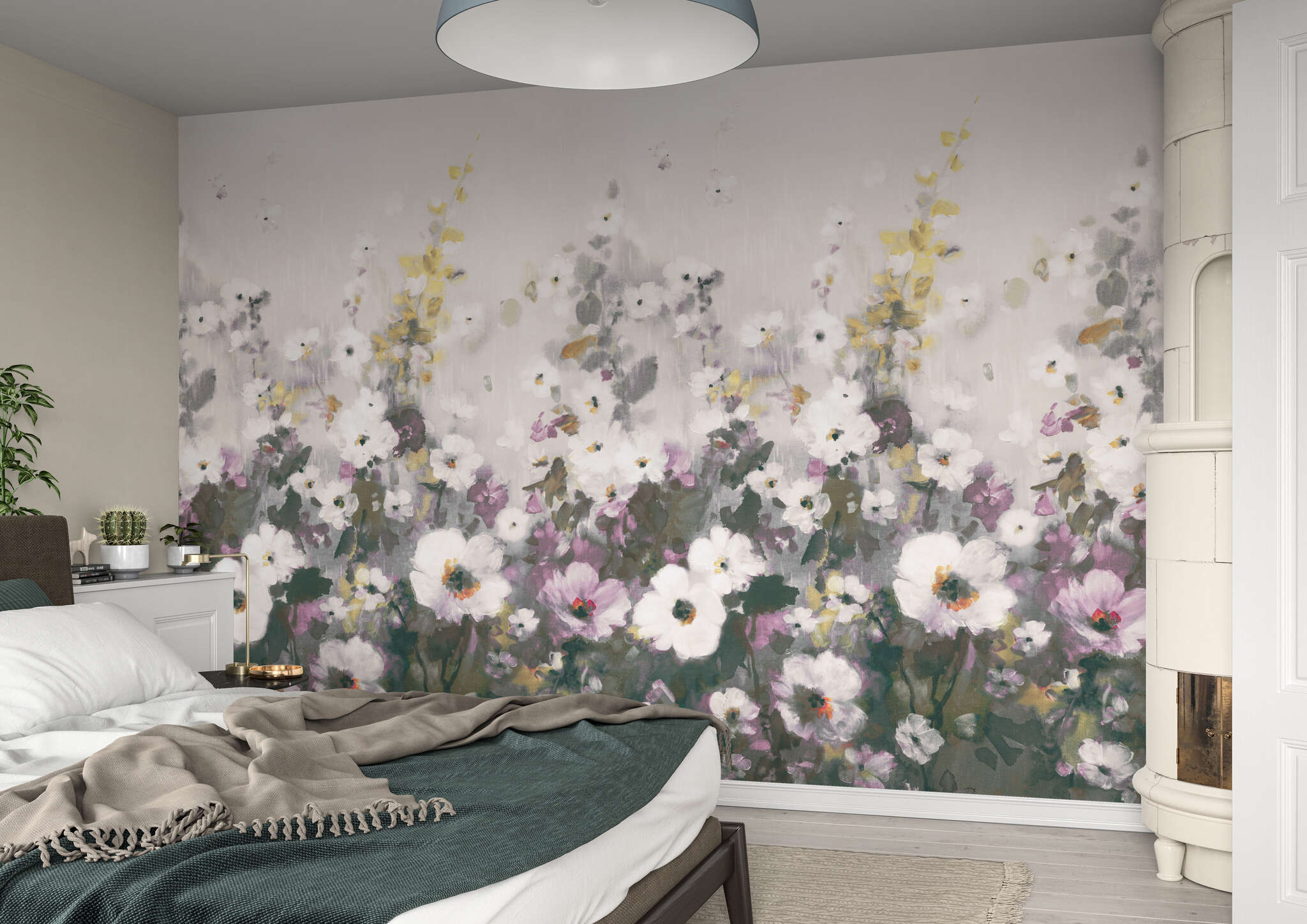 Schlafzimmer mit 360882 - Wandbild - Sommerblumenwiese in zartem Grün und violetten Highlights magicwalls Papier peint Fleurs Lilas 360882