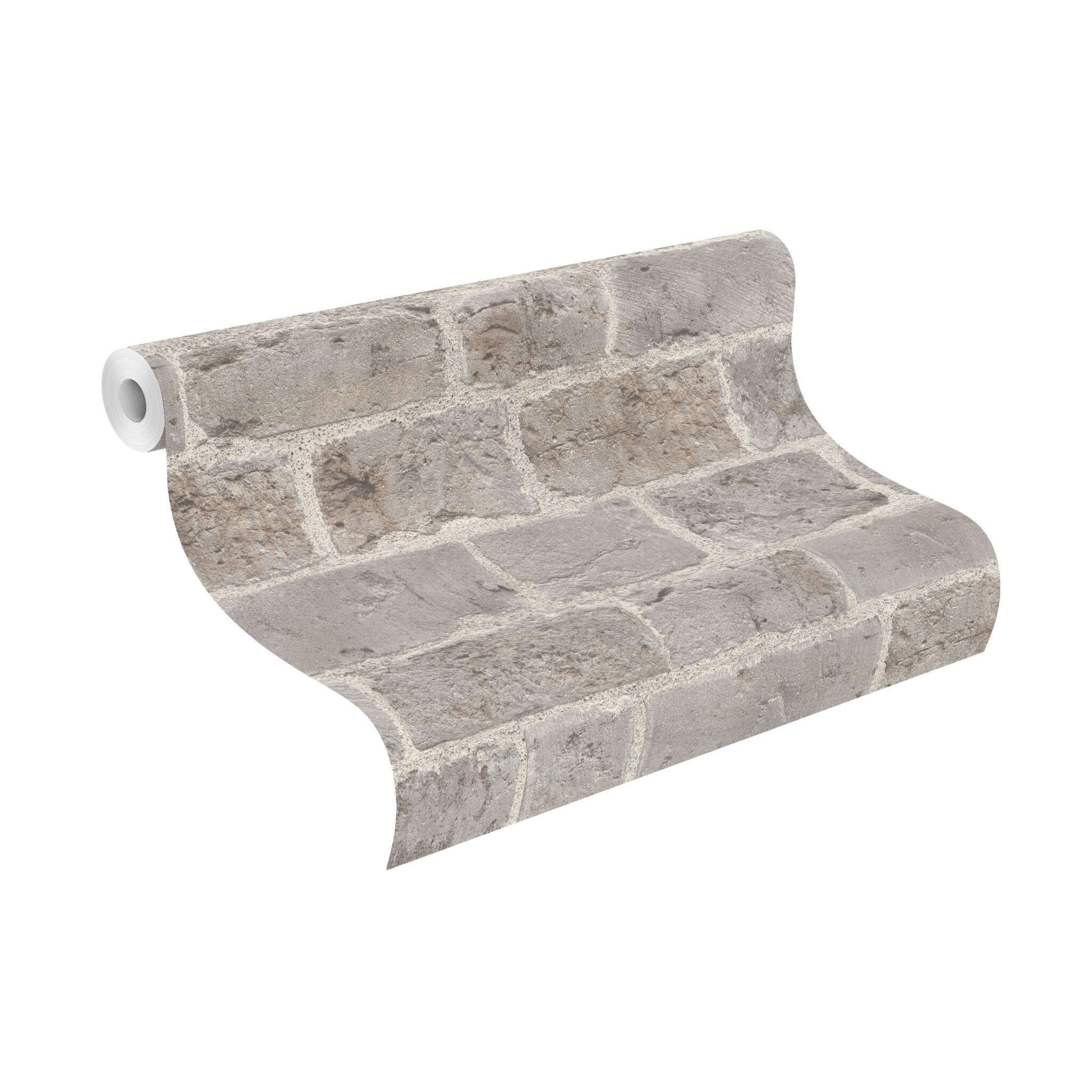 10-865714 Rolle abgerollt 1 Unrolled wallpaper roll with Wallpaper with bricks