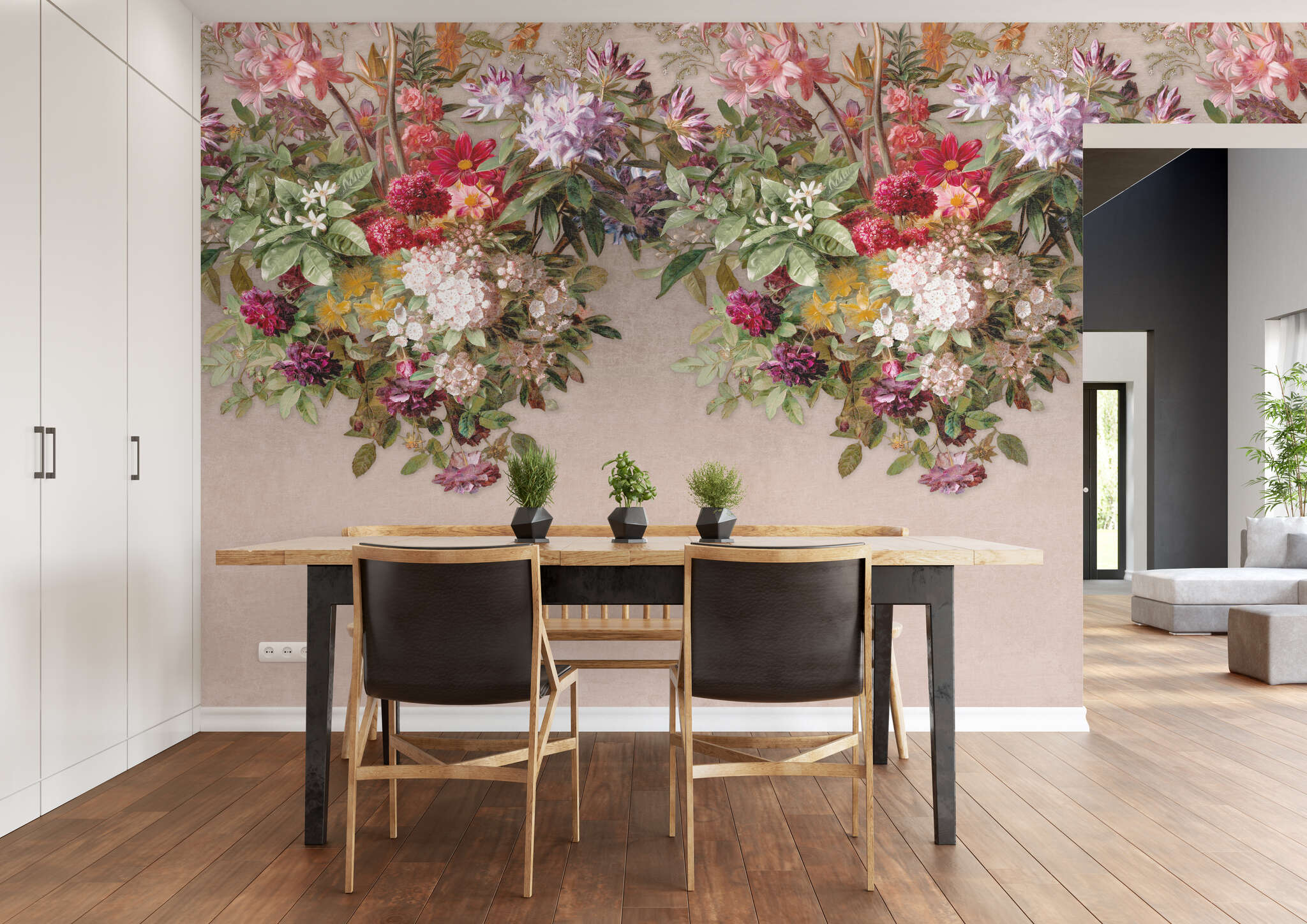 Esszimmer mit 360981 - Wandbild - Blütenpracht in kräftigen Farben auf beigem Hintergrund magicwalls photo wallpaper 360981