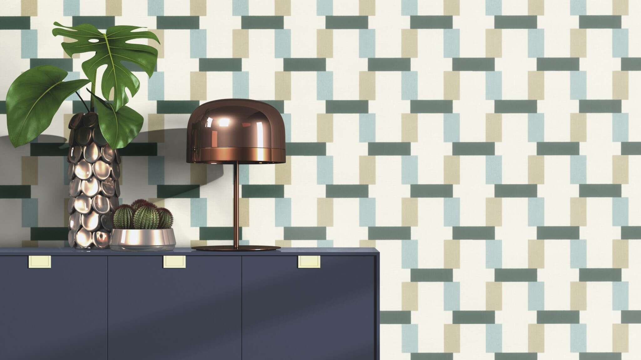 10-868821 Raumsituationen 2 Room with Geometric wallpaper with rectangles and a textile texture