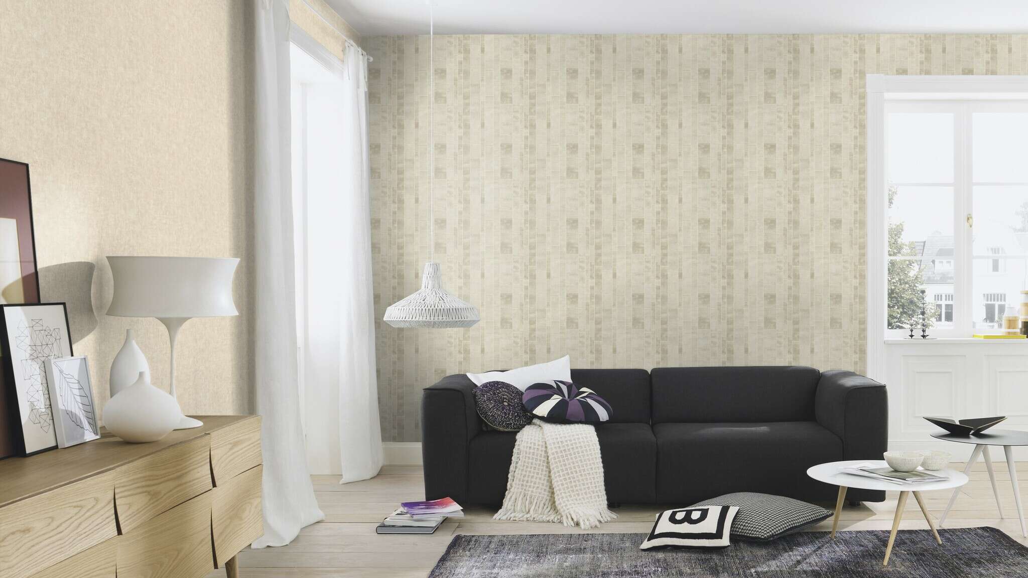 10-429220 Raumsituationen 3 Room with Non-woven wallpaper with a matt, slightly textured surface in a cream tone.