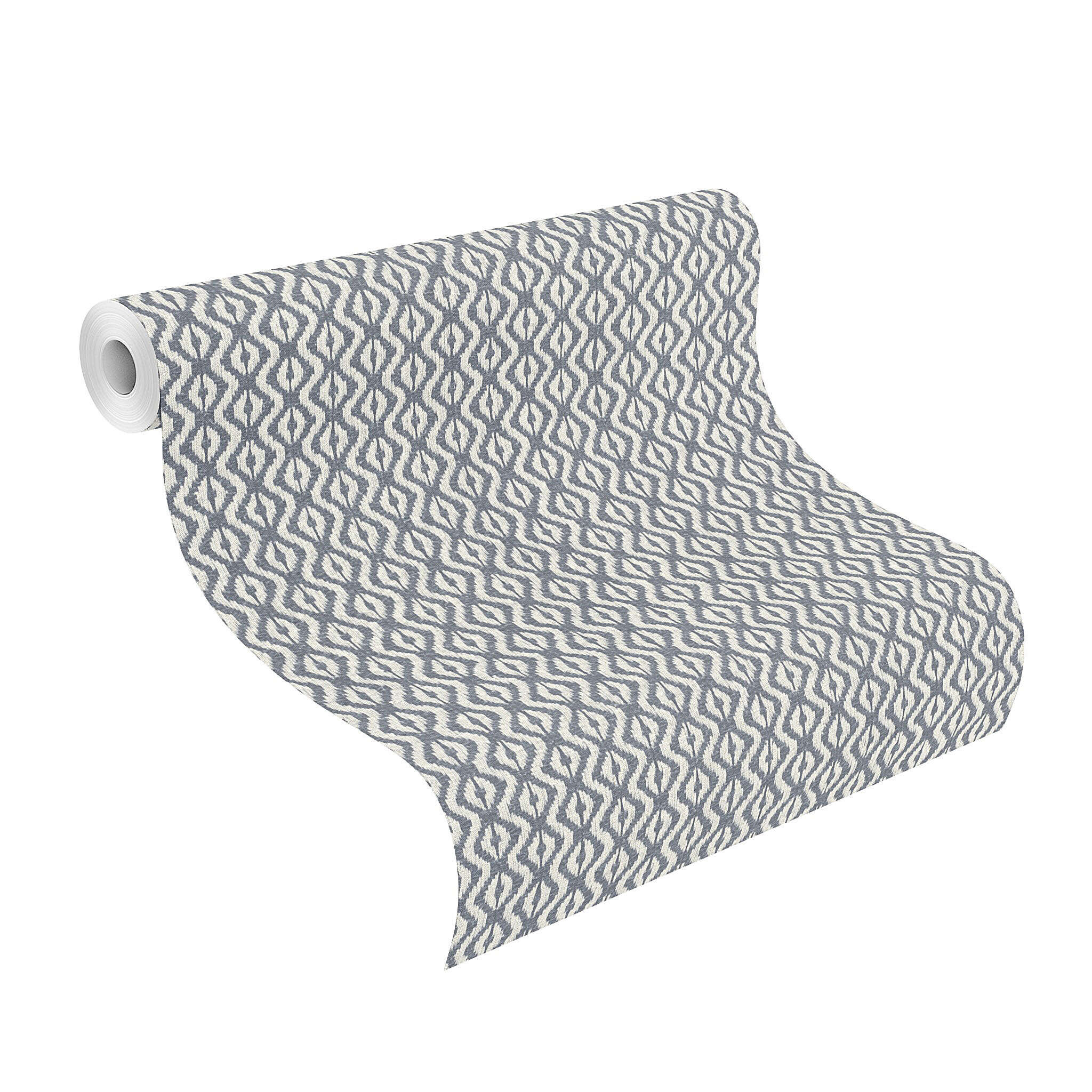 10-410648 Rolle abgerollt 1 Rouleau de déroulé avec Papier peint intissé avec un petit motif losange bleu et blanc et une texture semblable à celle du textile.