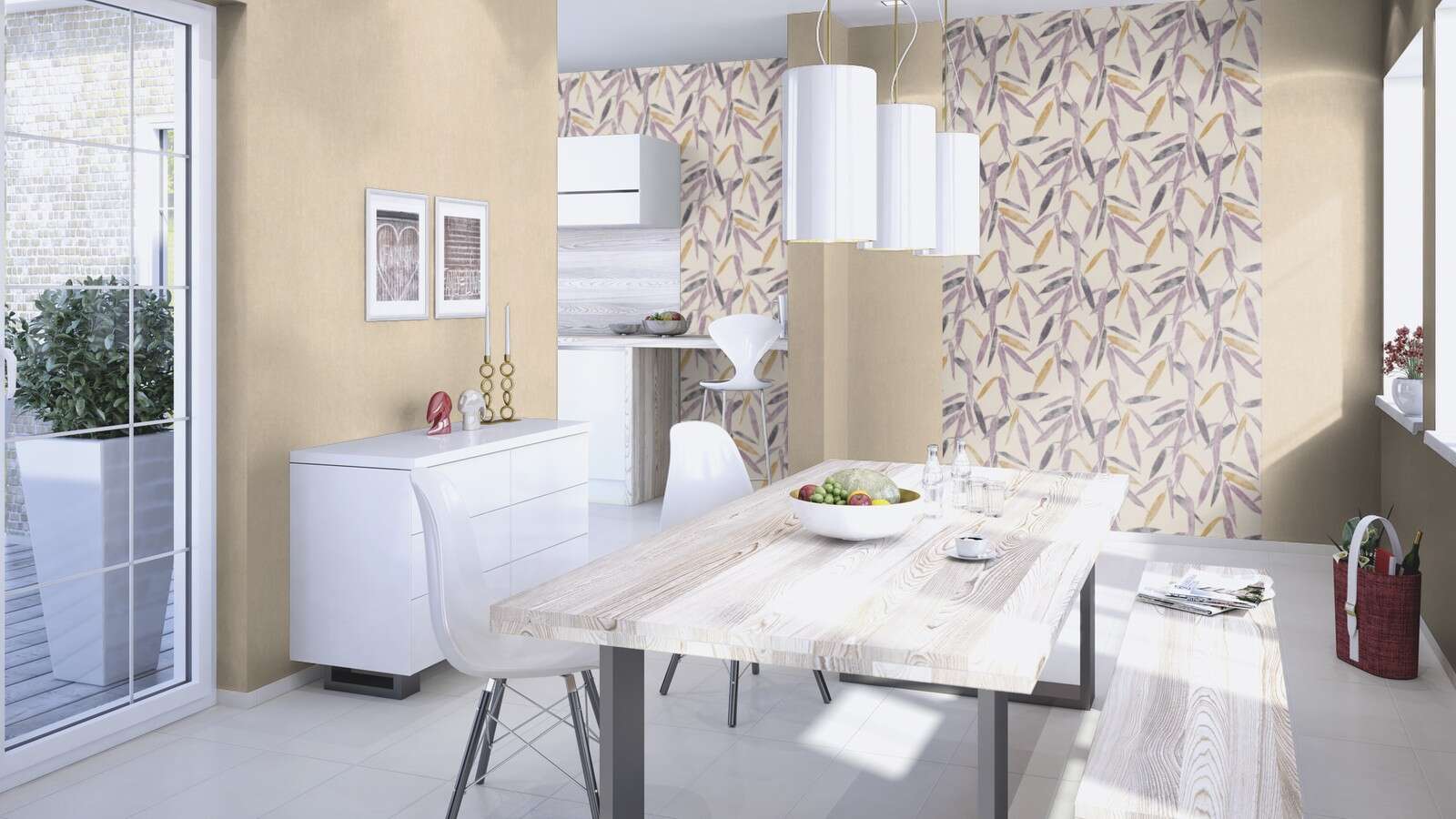 10-402339 Raumsituationen 2 Room with Plain beige wallpaper with a fine texture for timeless interior design