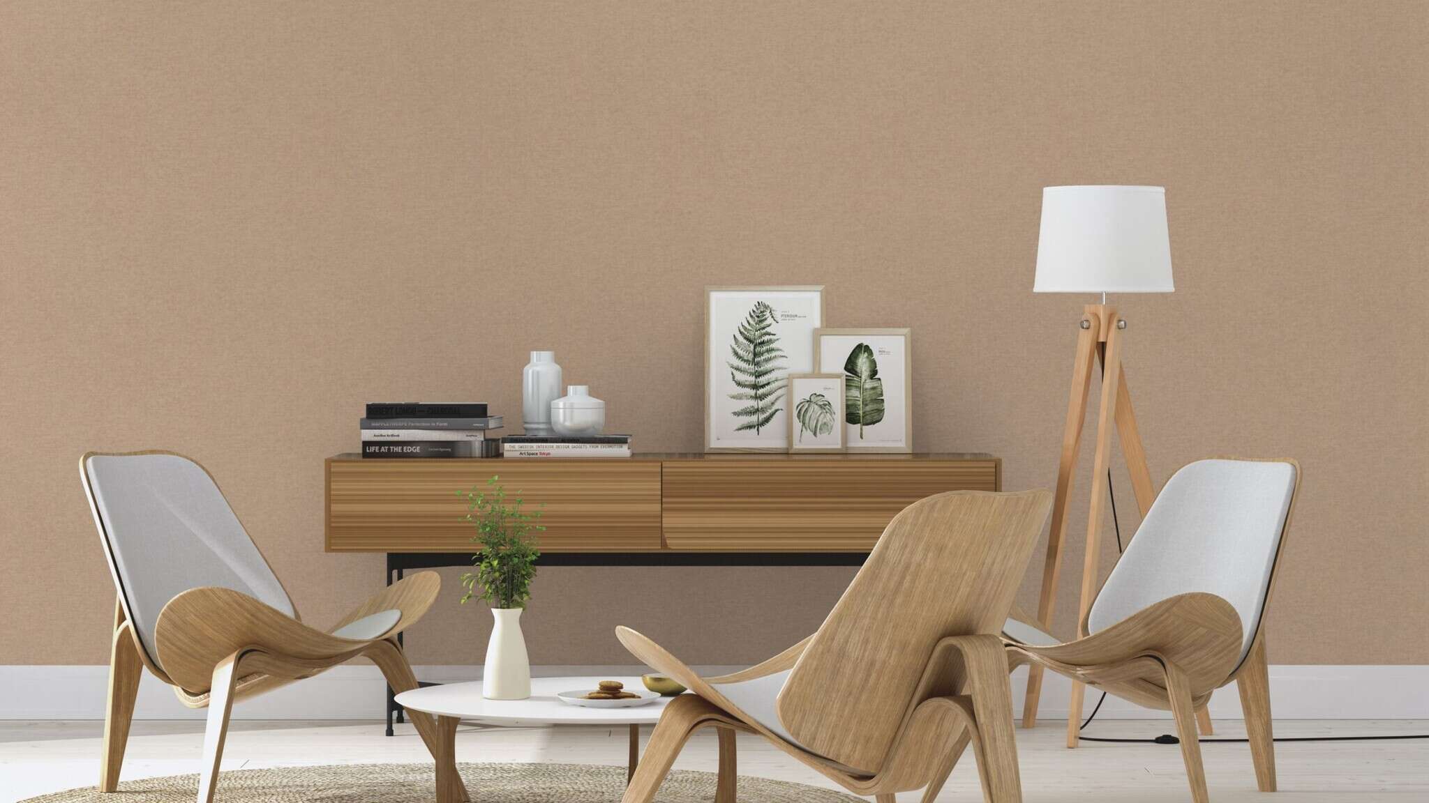 10-600339 Raumsituationen 3 Room with Single-colour wallpaper with a woven look