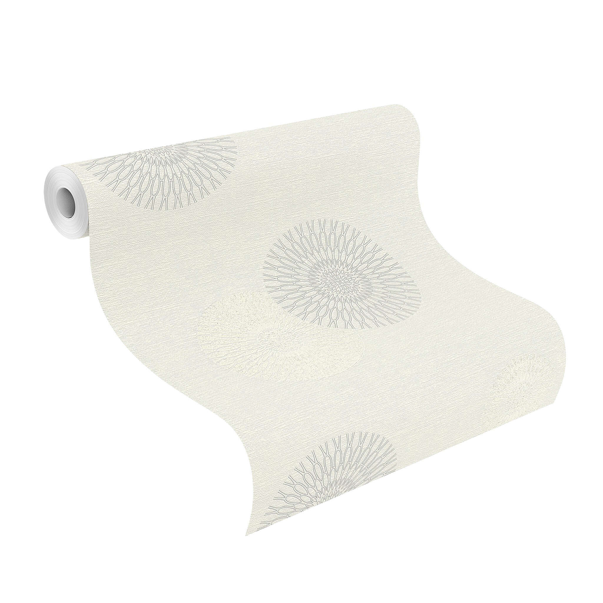 10-808827 Rolle abgerollt 1 Unrolled wallpaper roll with Wallpaper with stylised flowers and textile texture