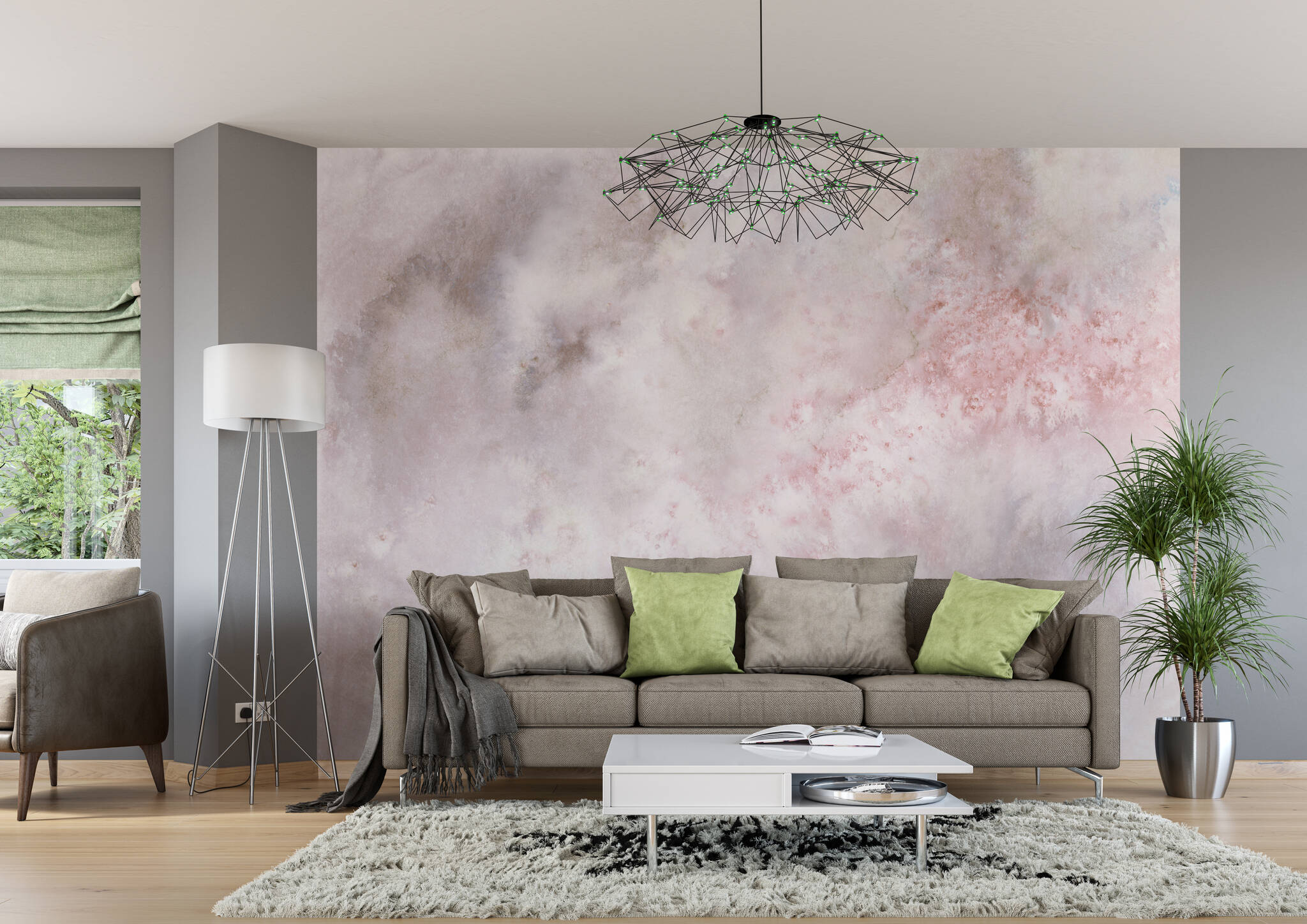 Wohnzimmer mit Wandbild - Wolkiges Aquarell in grau, rosé und weiß mit spannenden Farbverläufen 
