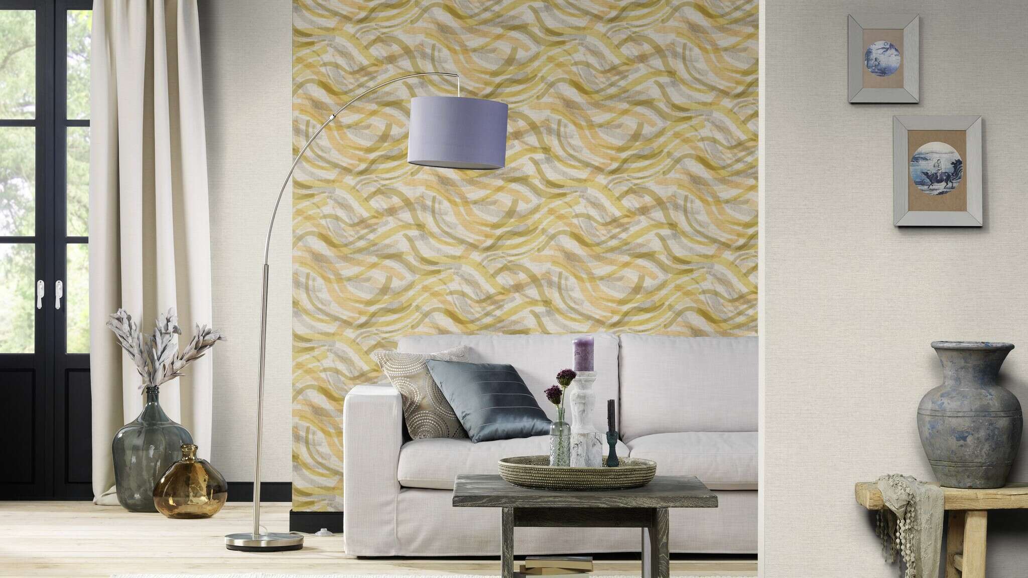 10-970210 Raumsituationen 2 Brushstroke non-woven wallpaper in yellow ochre Selection double-width 970210