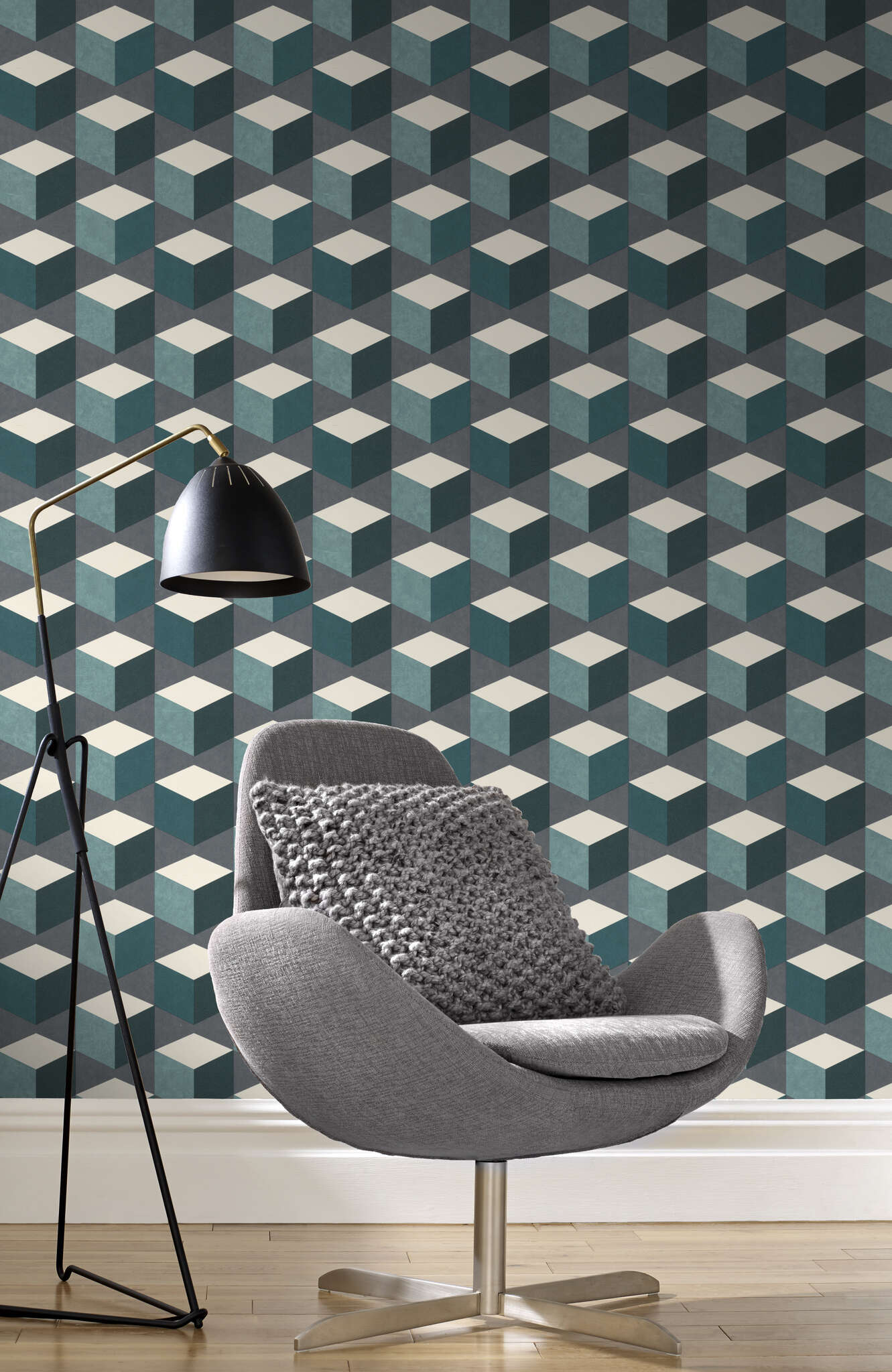 10-638370 Raumsituationen 1 Vliestapete 3D Motiv in Grau, Creme und Petrol 638370