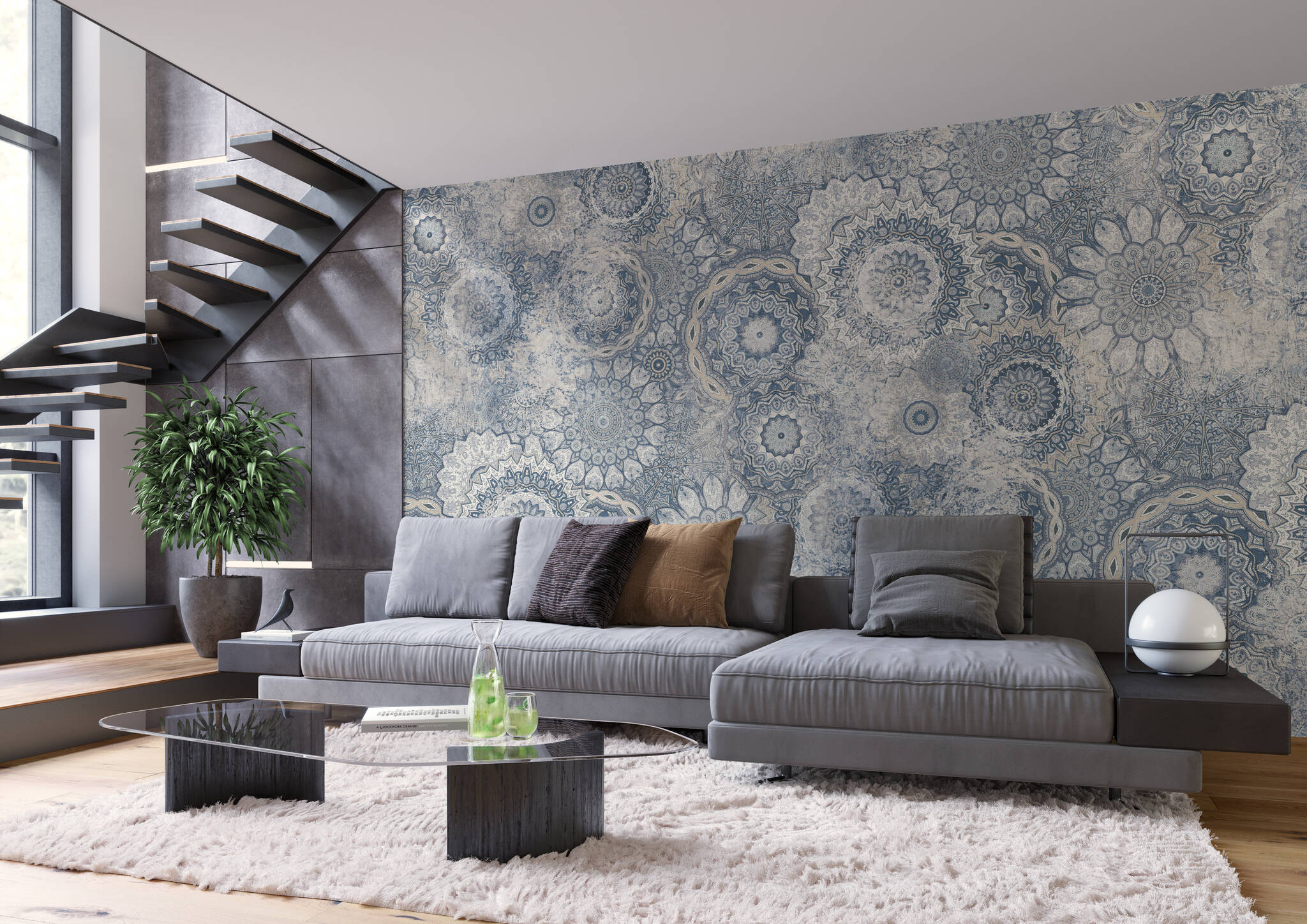 Wohnzimmer mit 363036 - Wandbild - Prallvolle Mandala-Sammlung in Hellblau, Grau und Weiß magicwalls Fototapete Mandala Blau 363036