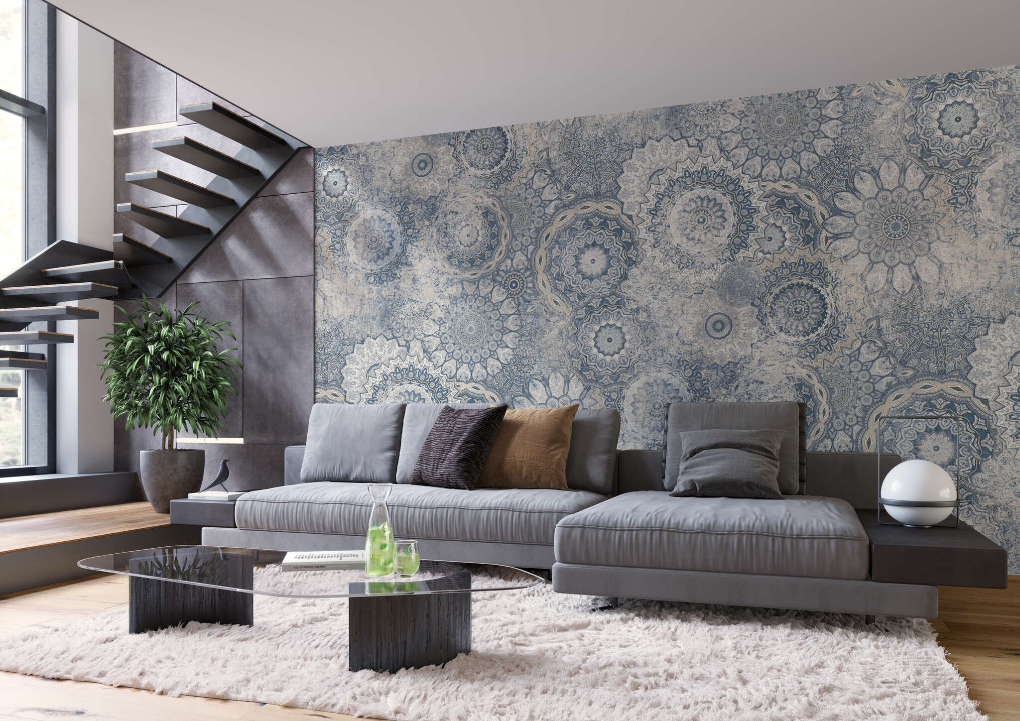 Wohnzimmer mit 363036 - Wandbild - Prallvolle Mandala-Sammlung in Hellblau, Grau und Weiß magicwalls Mandala Blue Wallpaper 363036