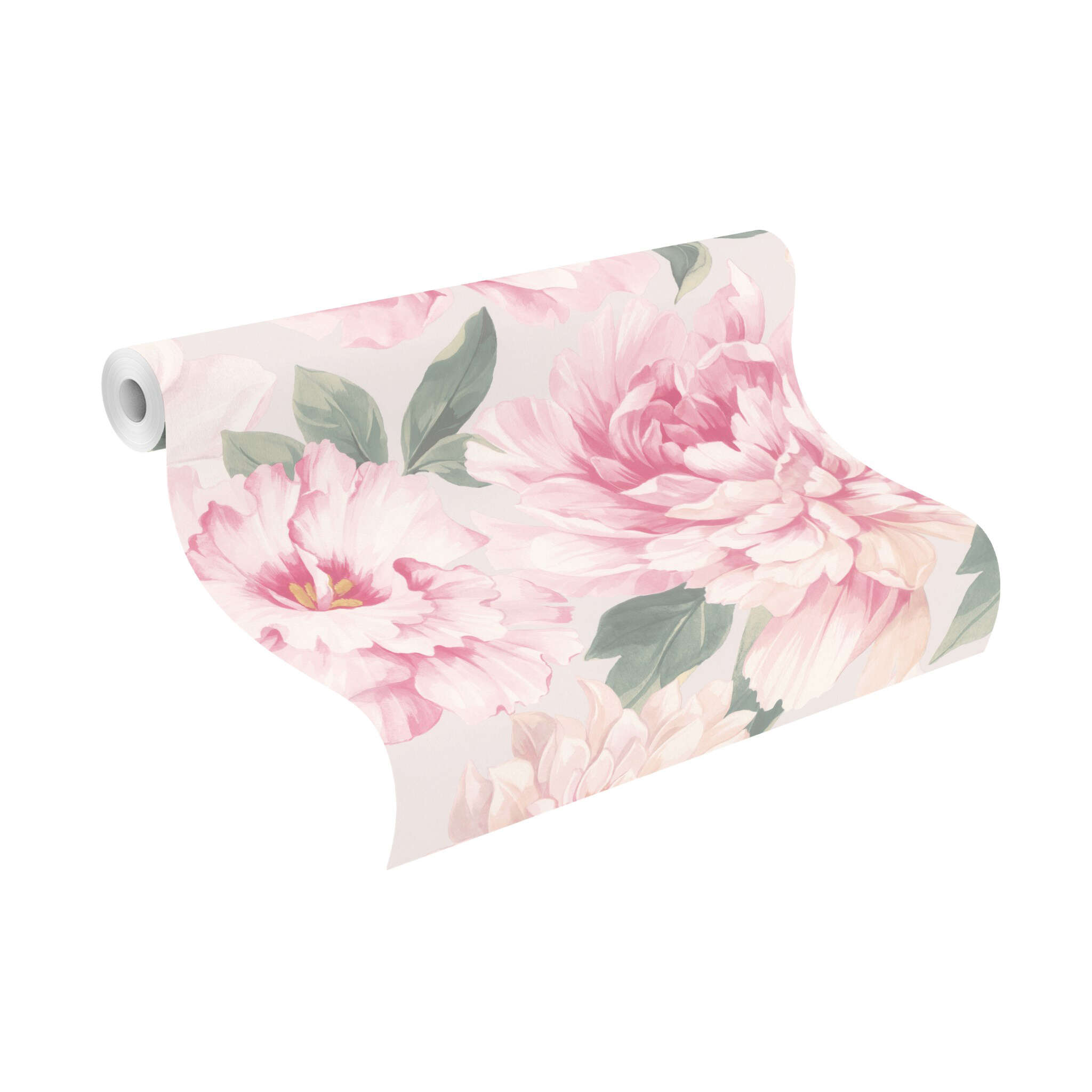 10-201345 Rolle abgerollt 1 Rouleau de déroulé avec Motif floral romantique avec des pivoines luxuriantes dans des tons roses et des feuilles vertes