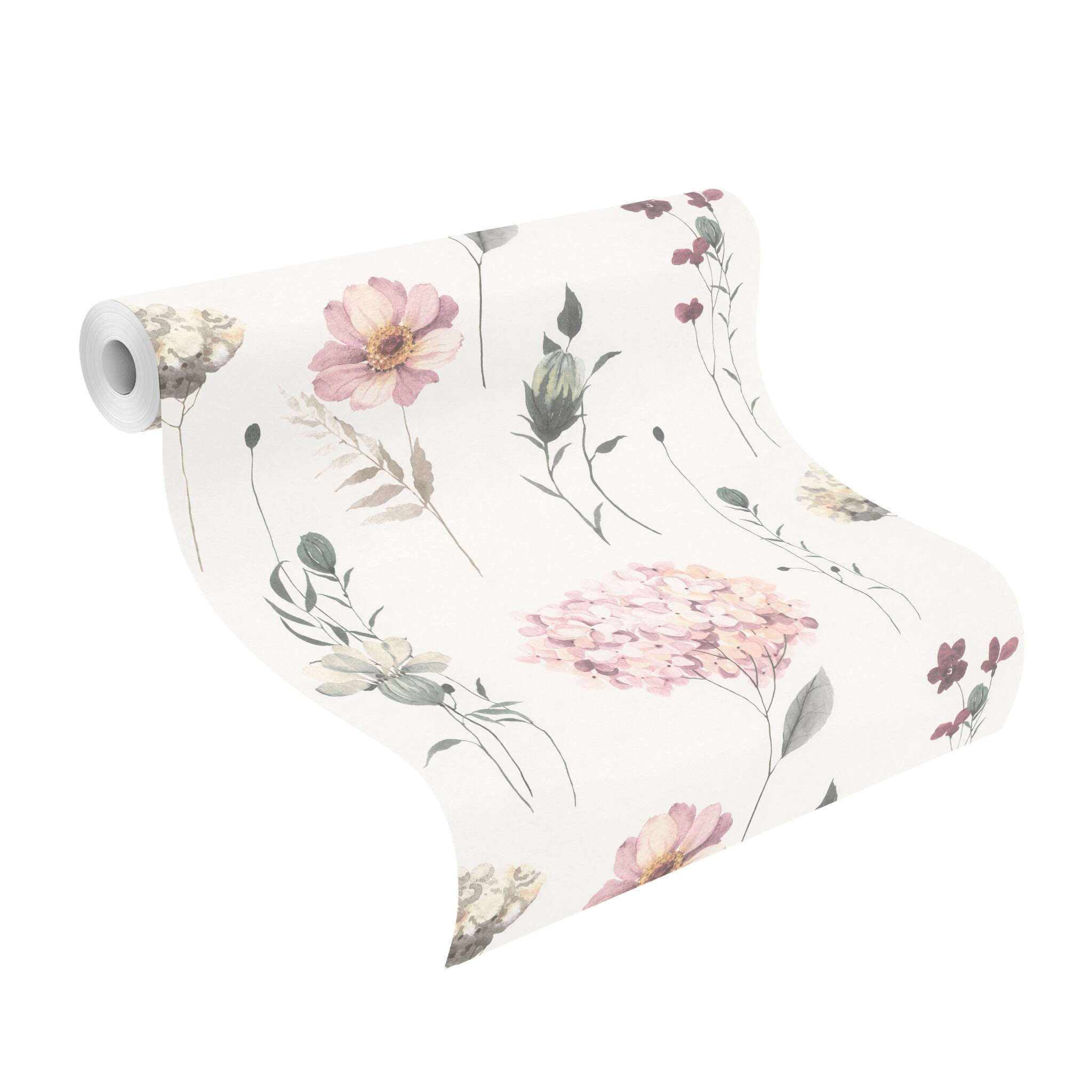 10-300642 Rolle abgerollt 1 Unrolled wallpaper roll with Floral wallpaper with individual, delicately painted flowers in pink, cream and burgundy on a light background