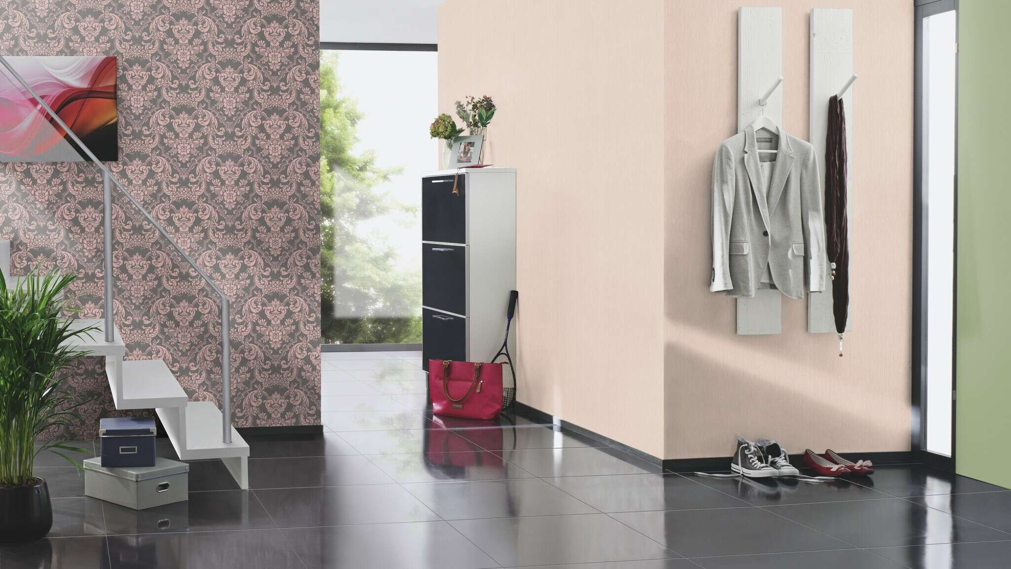 10-570649 Raumsituationen 2 Room with Pink ornaments on graphite-coloured fabric in 3D look