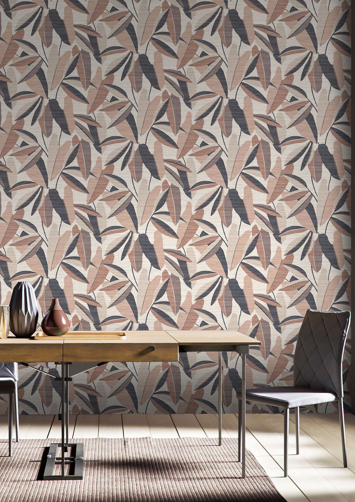 10-866353 Raumbilder 1 Room with Stylish drawings of oversized leaves in beige, red and brown on a beige-brown background with horizontal wood grain
