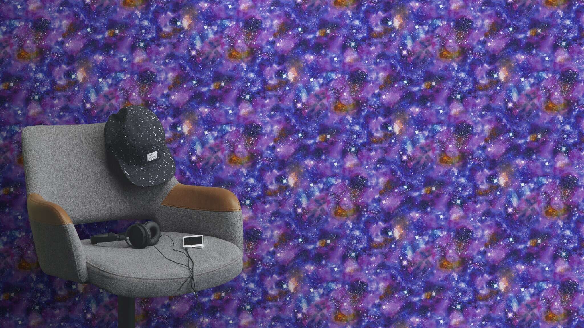 10-273205 Raumsituationen 2 Room with Wallpaper with a galactic motif in bold colours with stars and nebulae