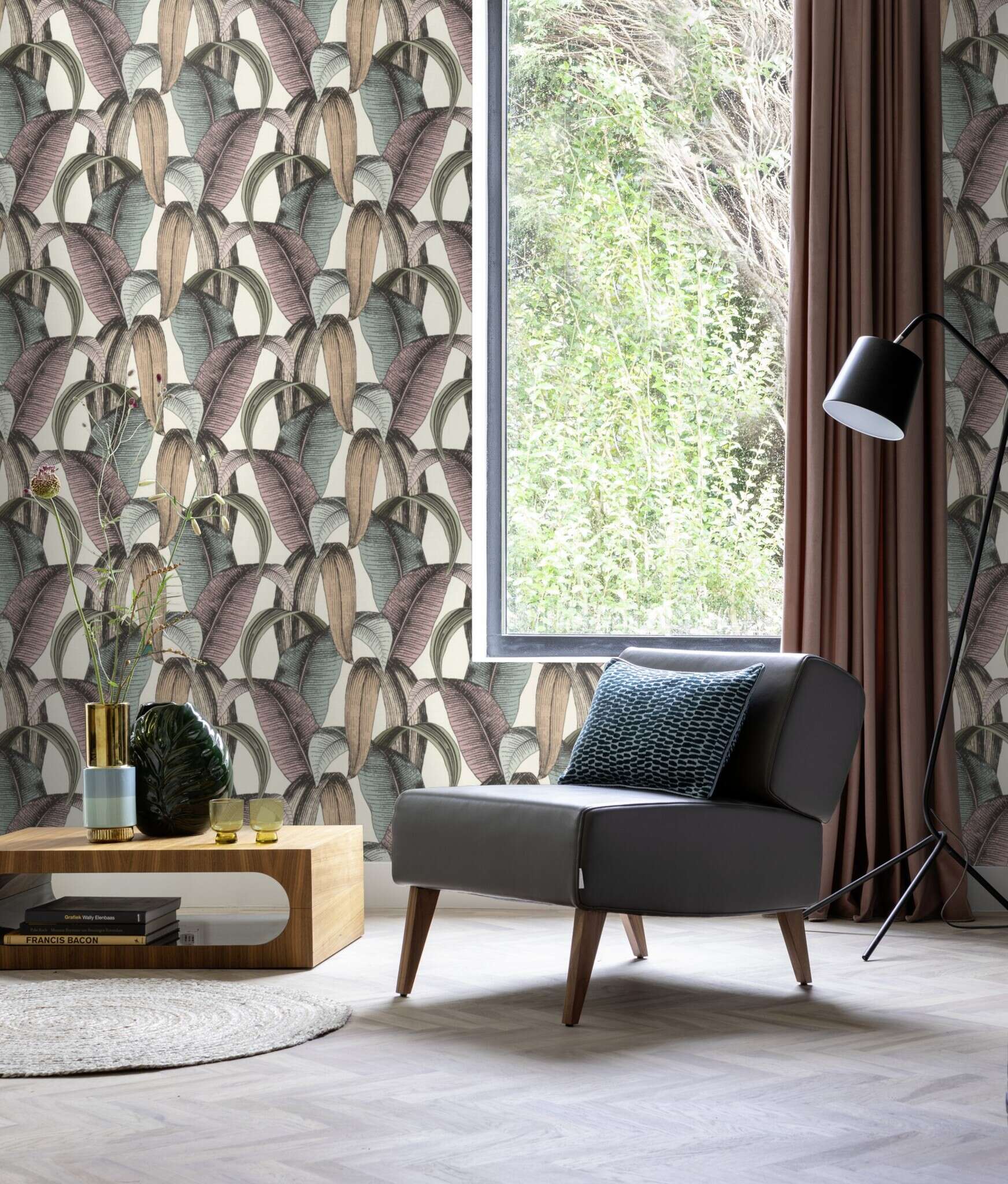 10-867961 Raumsituationen 2 Room with Leaves in soft shades of beige, rose, mint and green on a cream-white background