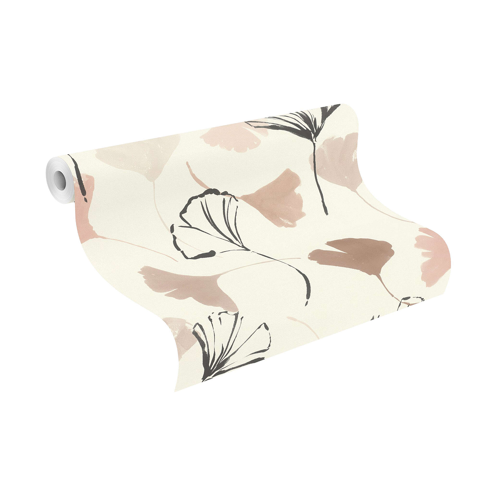 10-690118 Rolle abgerollt 1 Unrolled wallpaper roll with Suggestive gingko leaves in black, rola and taupe on a cream-white background
