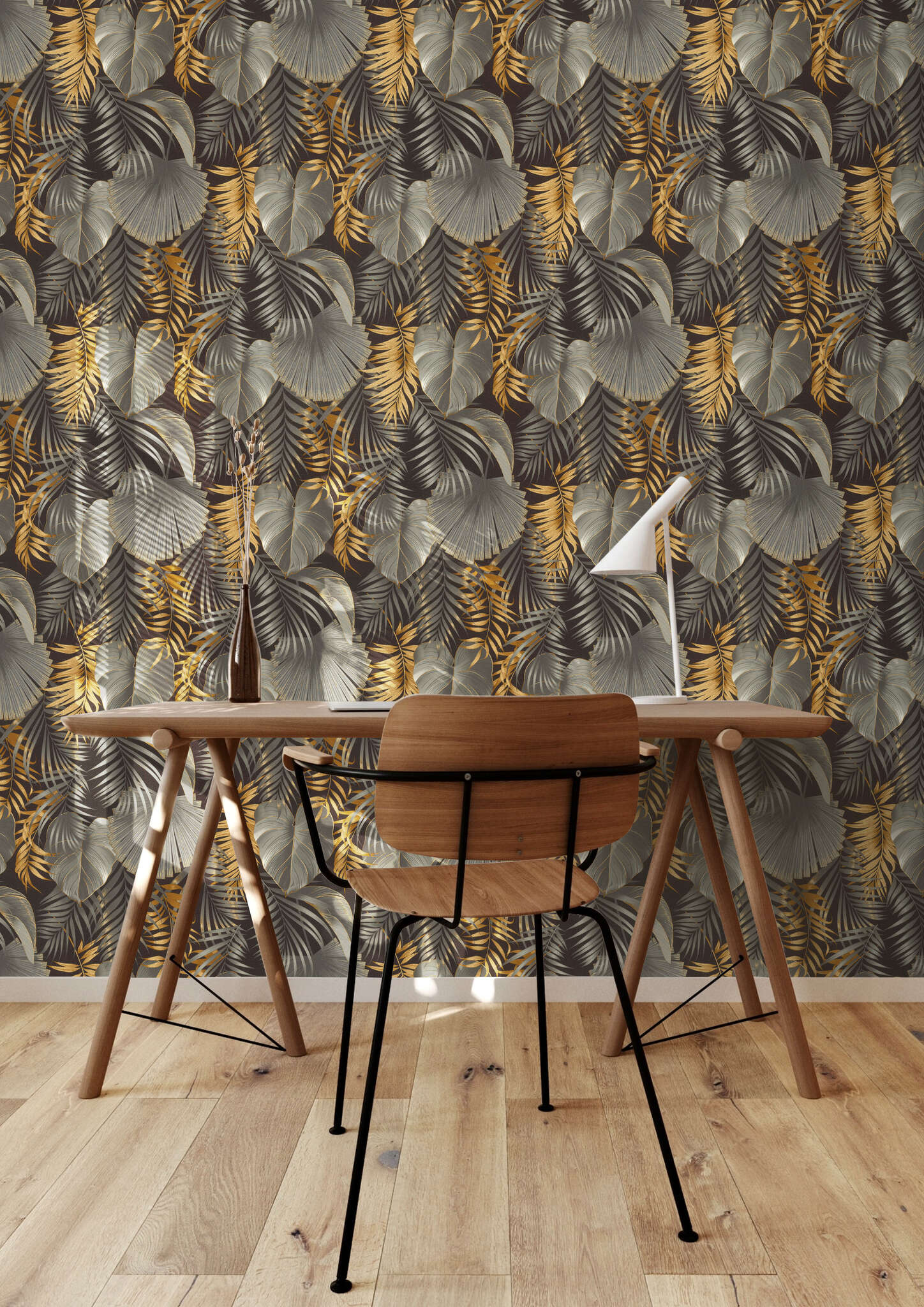 10-462043 Raumsituationen 3 Room with Lush leaf motif with palm and monstera leaves in copper, bronze and grey on a black background