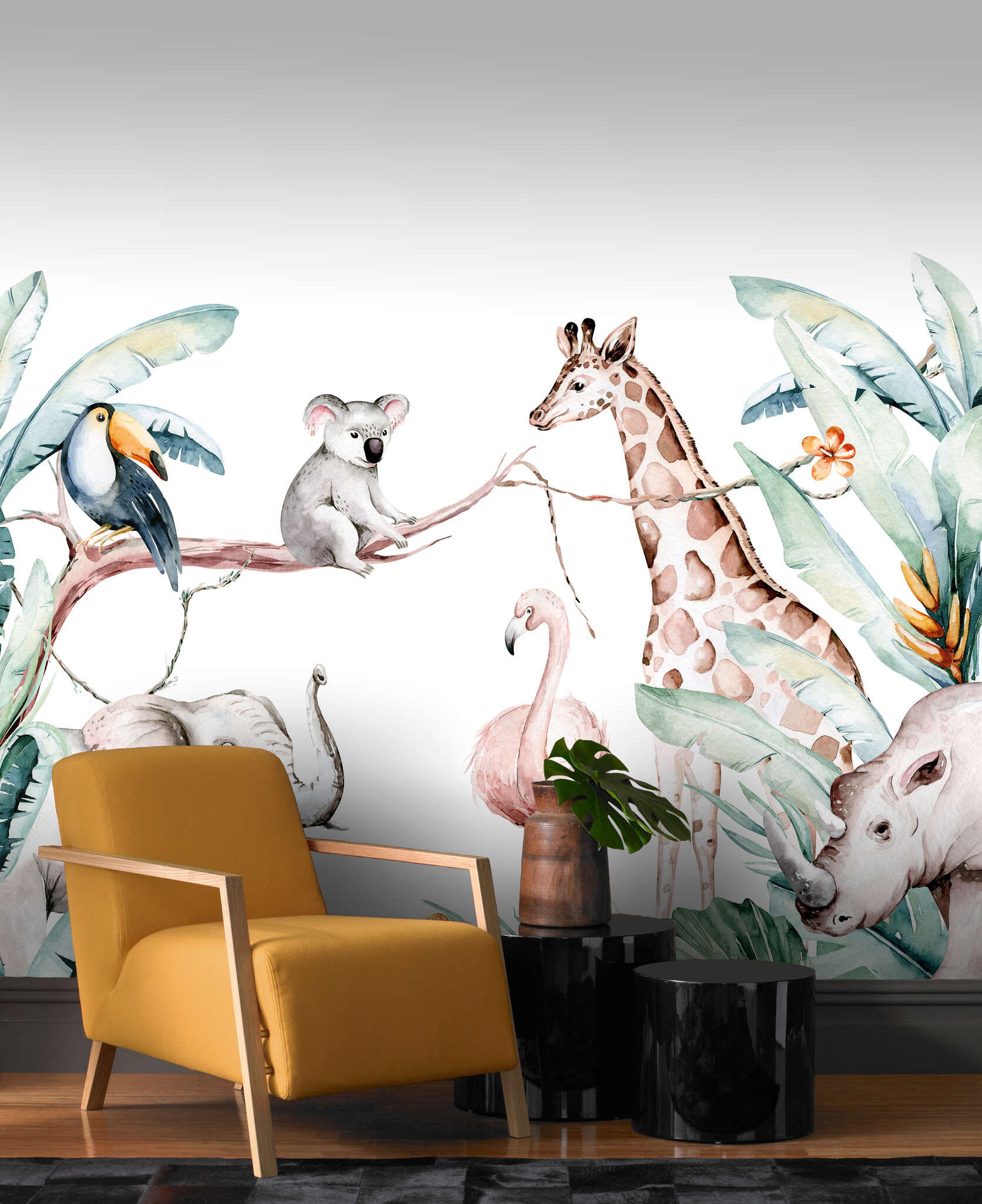 Wohnzimmer mit 253313 - Wandbild - Pastellbunte Tier-Szenerie im Urwald Bambino XIX photo wallpaper 253313