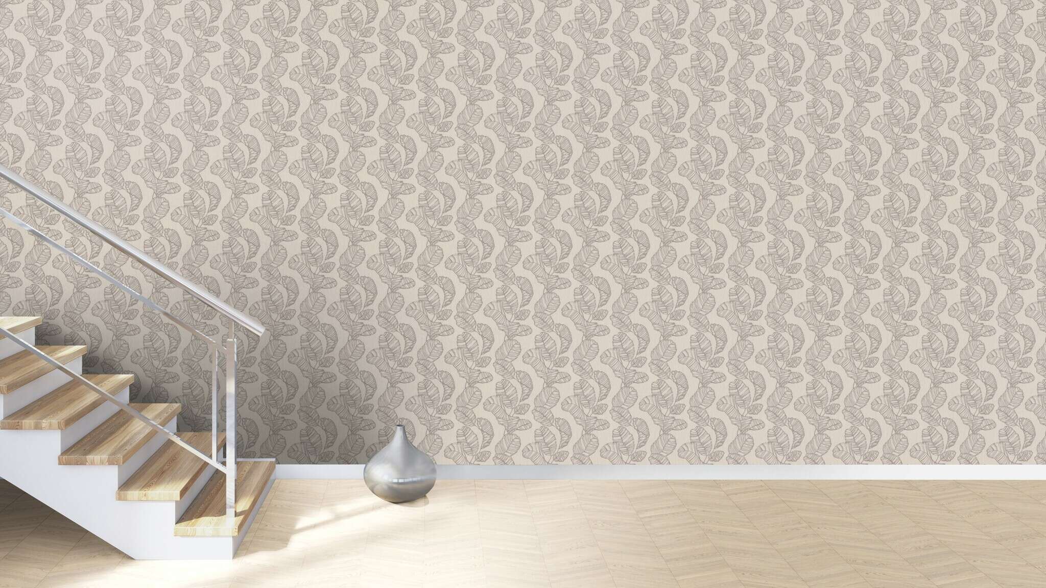 10-822632 Raumsituationen 2 Room with Beige background with a sophisticated vertical texture and leaf motifs in shiny mother-of-pearl