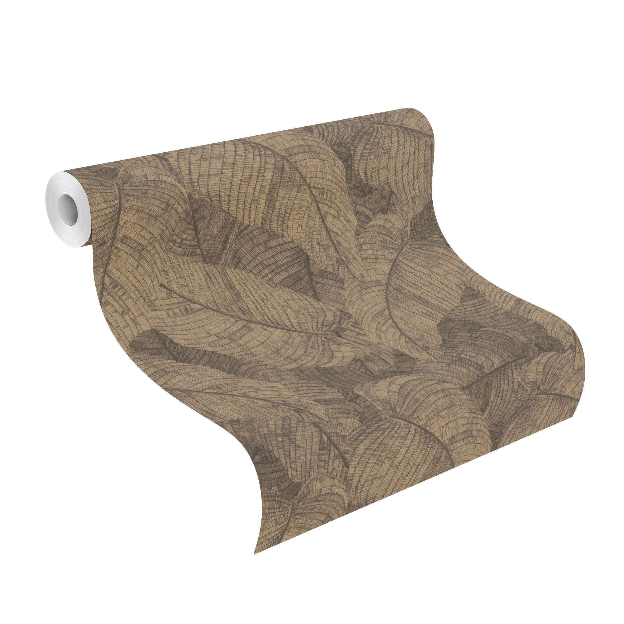 10-720570 Rolle abgerollt 1 Unrolled wallpaper roll with Large, overlapping leaves in gold with a drawn look and a subtle sheen