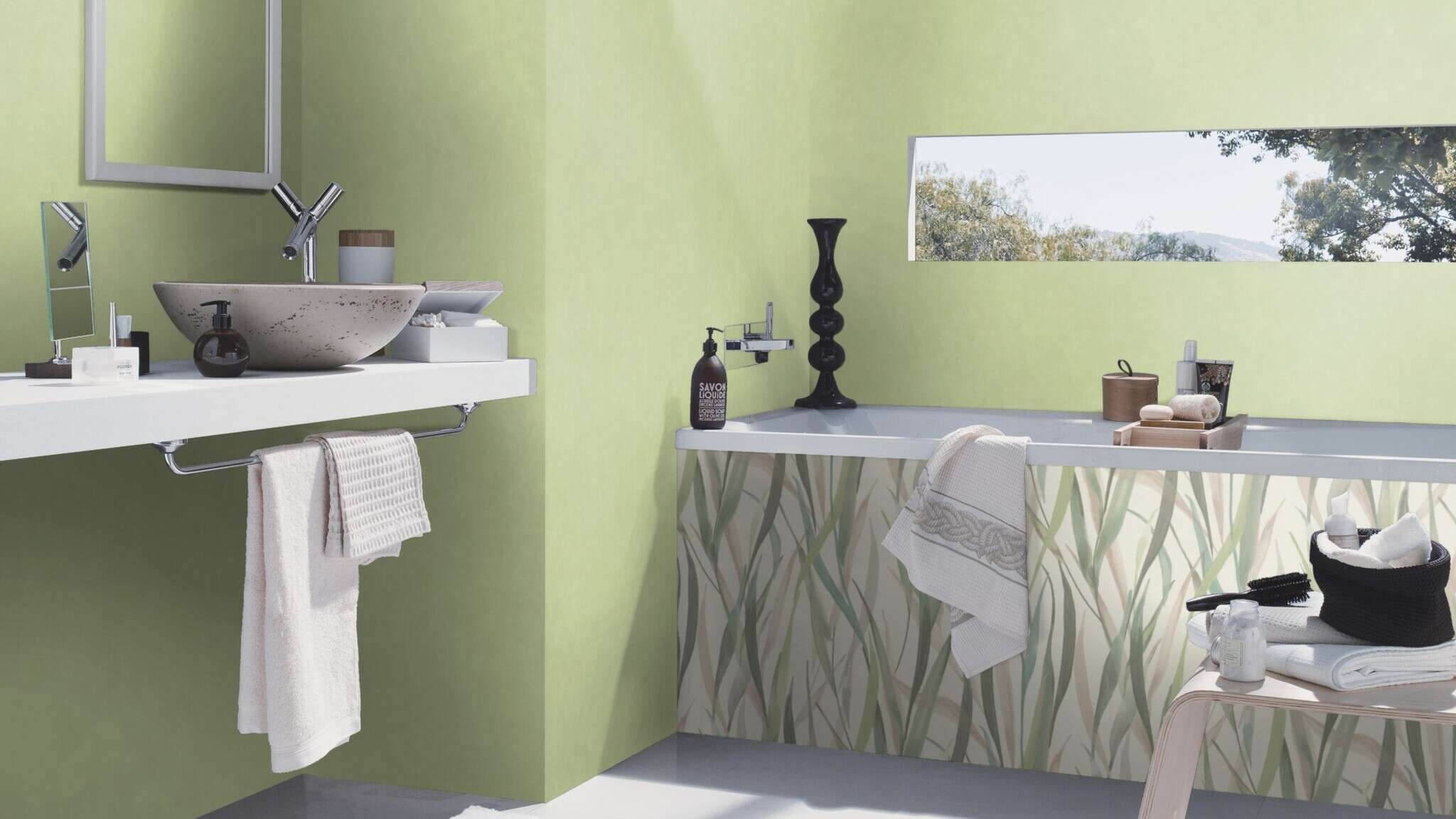 10-330212 Raumsituationen 3 Room with Green watercolour grasses on a light background – a fresh, natural atmosphere for modern rooms.