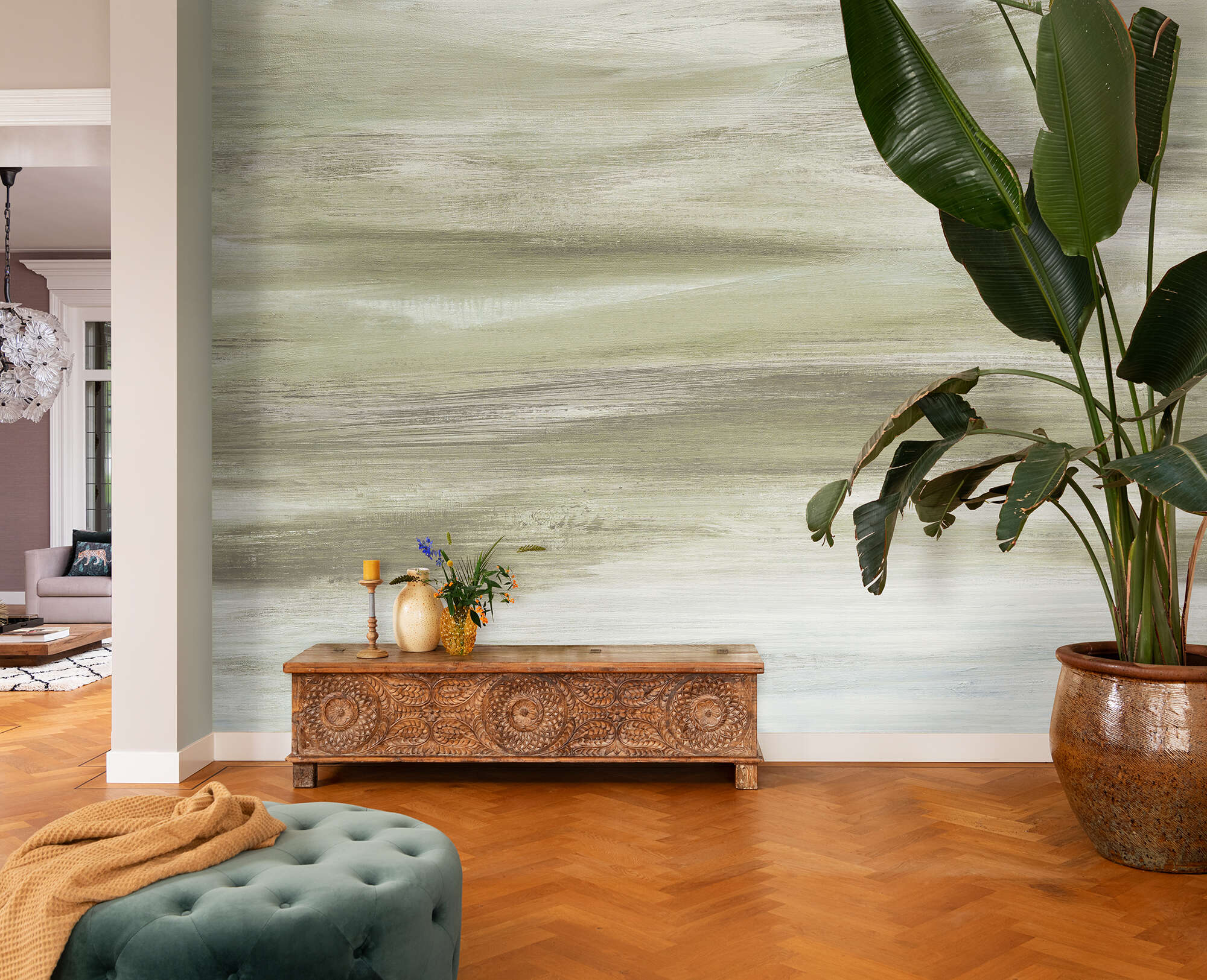 Wohnzimmer mit 363524 - Wandbild - Abstrakte Landschaft mit groben Pinselstrichen Wohnzimmer mit Wandbild - Abstrakte Landschaft mit groben Pinselstrichen in Oliv, Beige & Braun