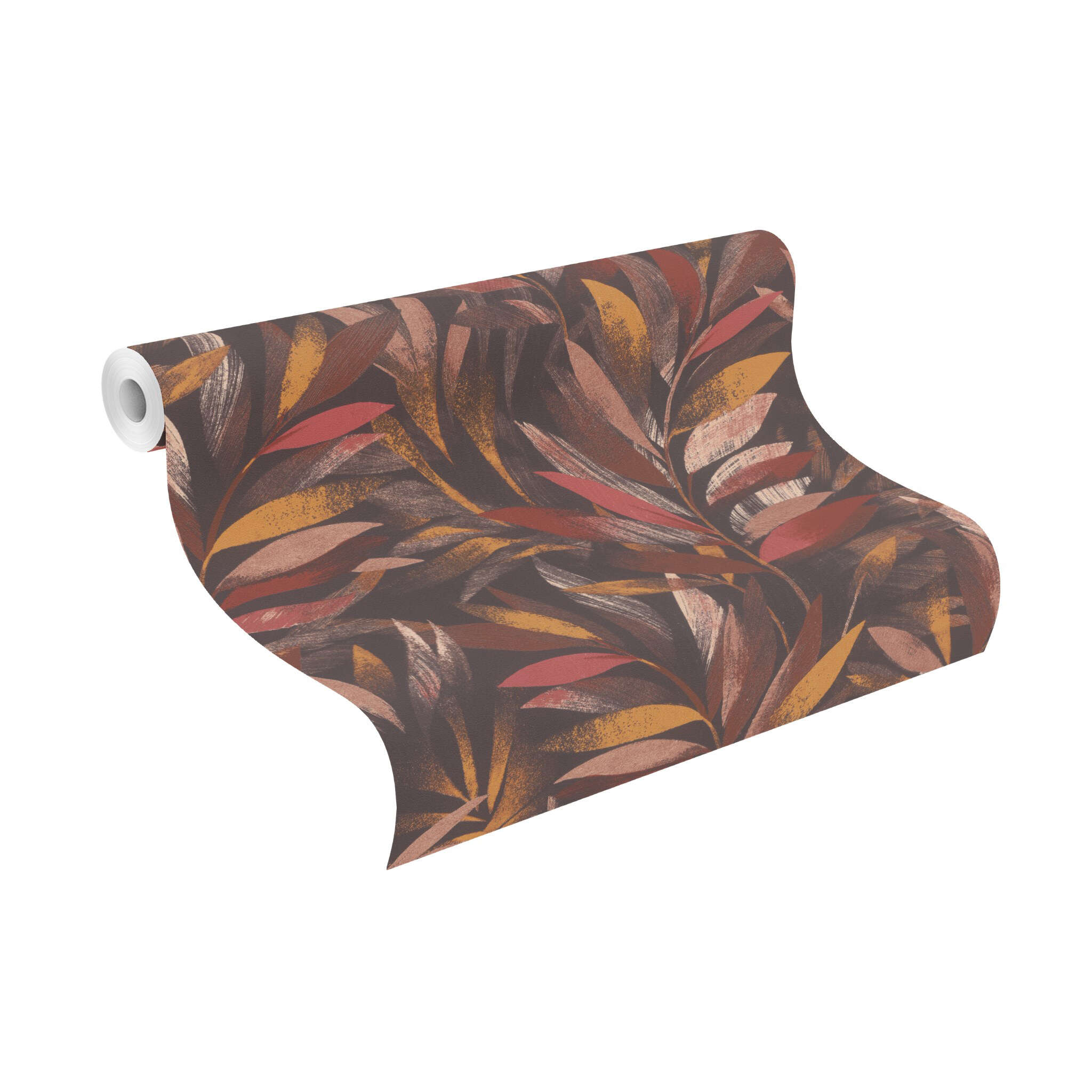 10-867633 Rolle abgerollt 1 Unrolled wallpaper roll with Stamped leaves in warm brown and red tones on a dark brown background