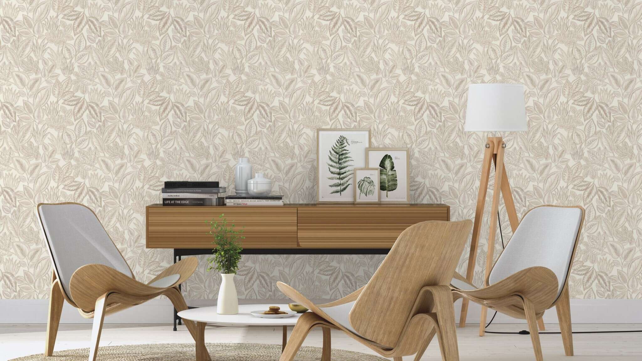 10-692419 Raumsituationen 2 Une chambre avec Papier peint avec des feuilles dessinées de manière imaginative