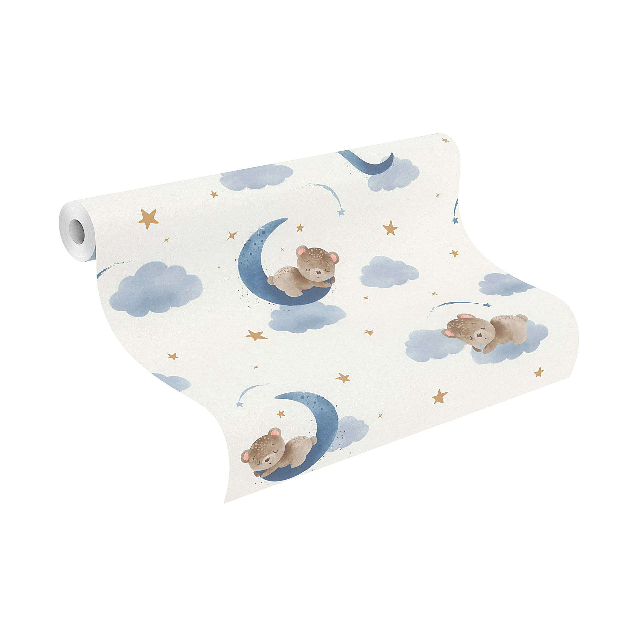 10-321005 Rolle abgerollt 1 Unrolled wallpaper roll with Playful wallpaper with little bears on moons, clouds and stars in blue and beige