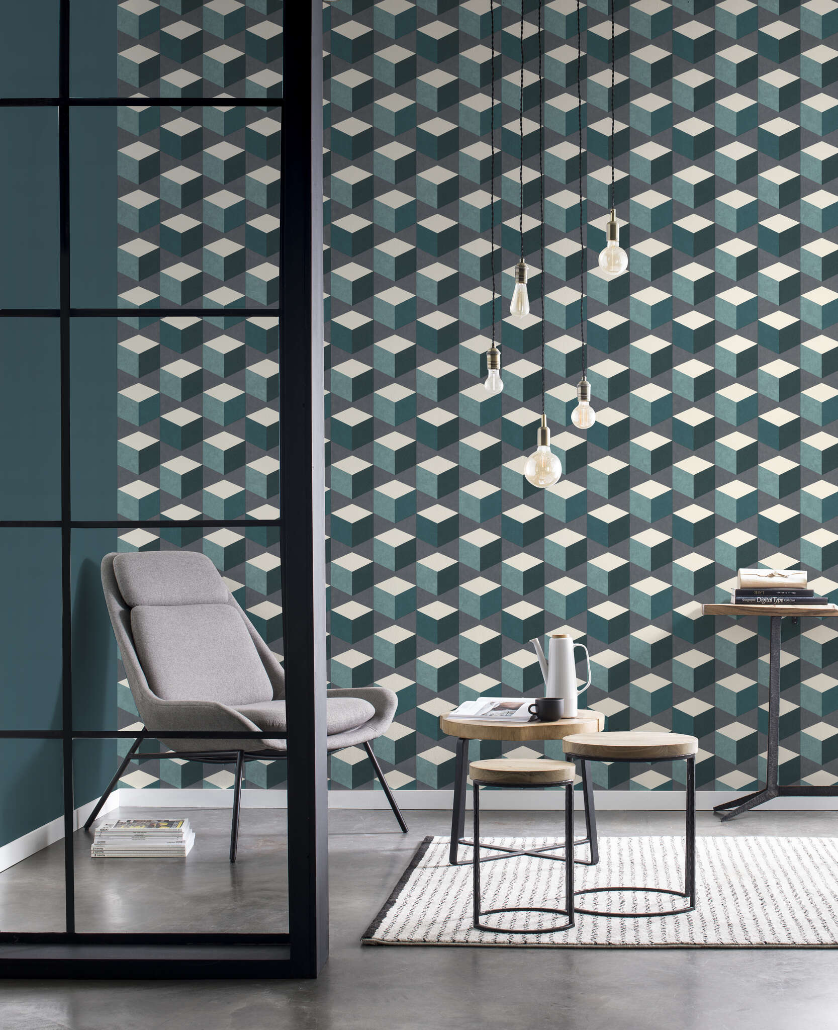 10-638370 Raumsituationen 3 Vliestapete 3D Motiv in Grau, Creme und Petrol 638370