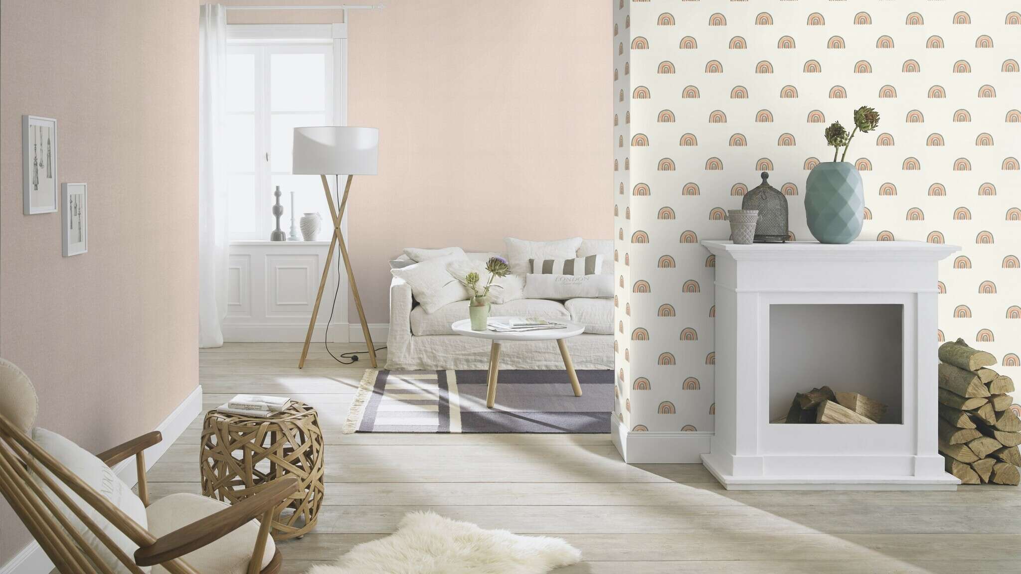 10-252828 Raumsituationen 1 Room with Warm, neutral wallpaper with a natural linen look in a light beige tone