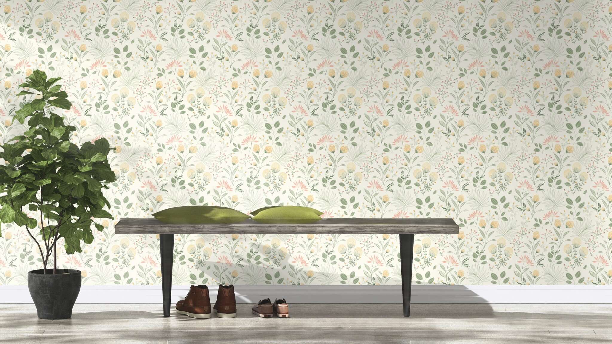 10-793222 Raumsituationen 2 Room with Botanical wallpaper with leaf collage