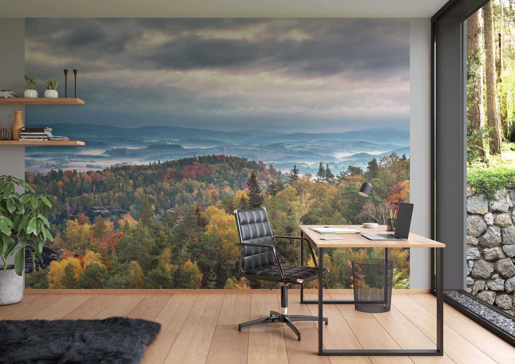 Arbeitszimmer mit 363418 - Fototapete - Blick auf leuchtenden Herbstwald aus Vogelperspektive magicwalls photo wallpaper 363418