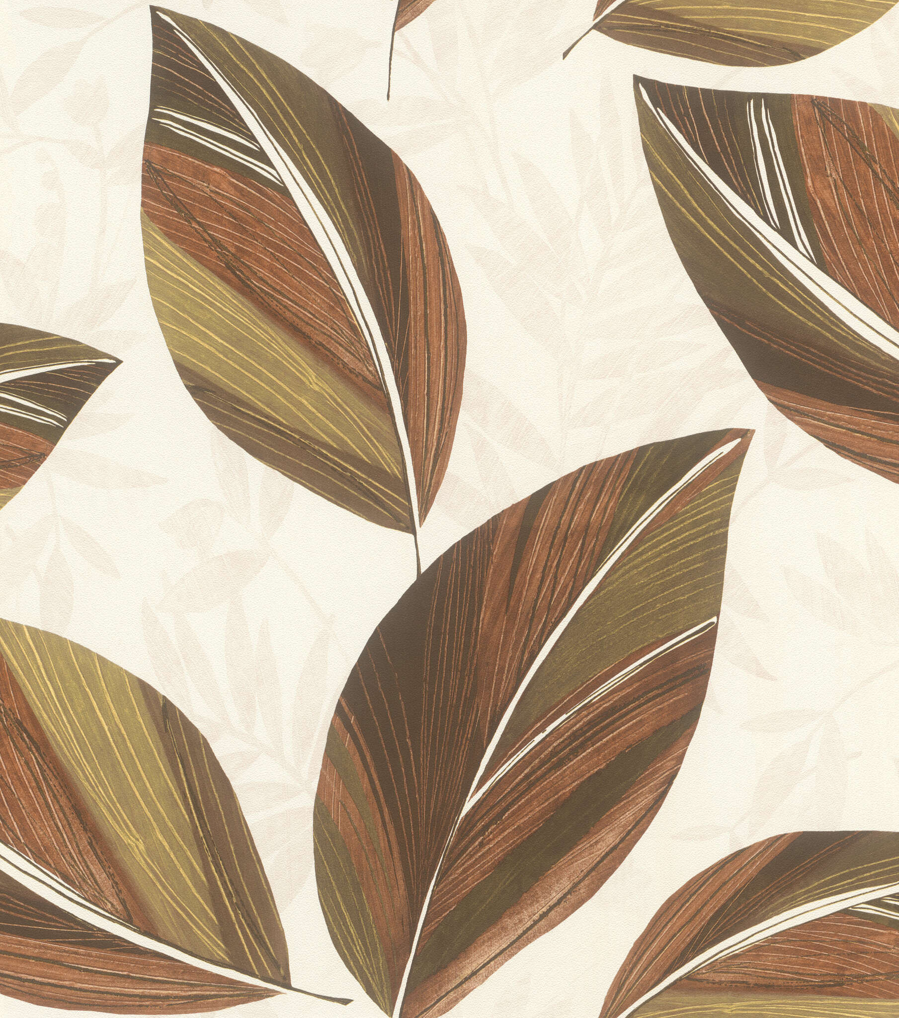 10-792010 Artikelscan 1 Large leaves in warm colours with hinted plants in a whitewashed look